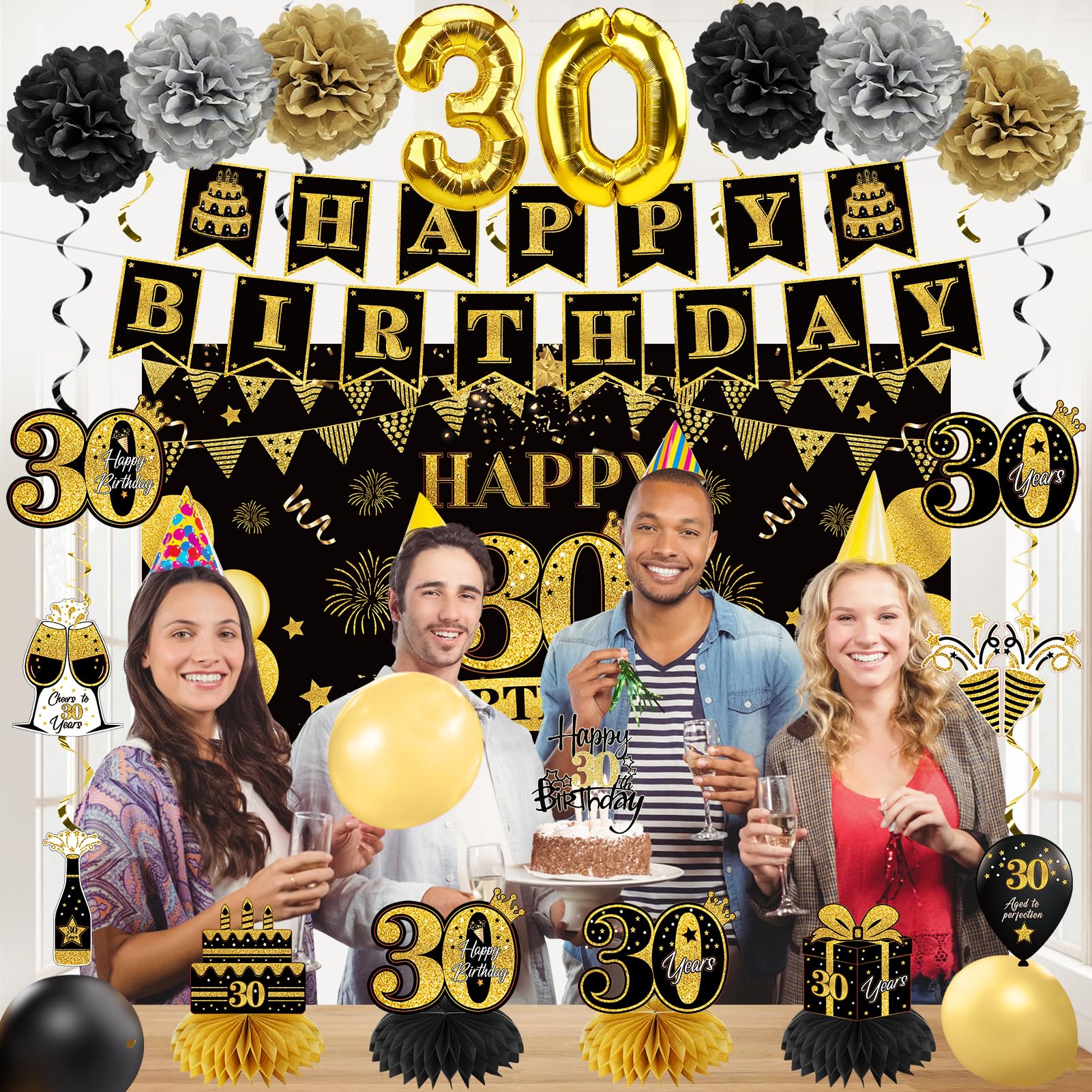 Eucutur 42Pcs 30Th Birthday Decoration Kit For Men Women, Black Gold Happy 30Th Bday Banner Balloons Honeycomb Centerpiece Swirl
