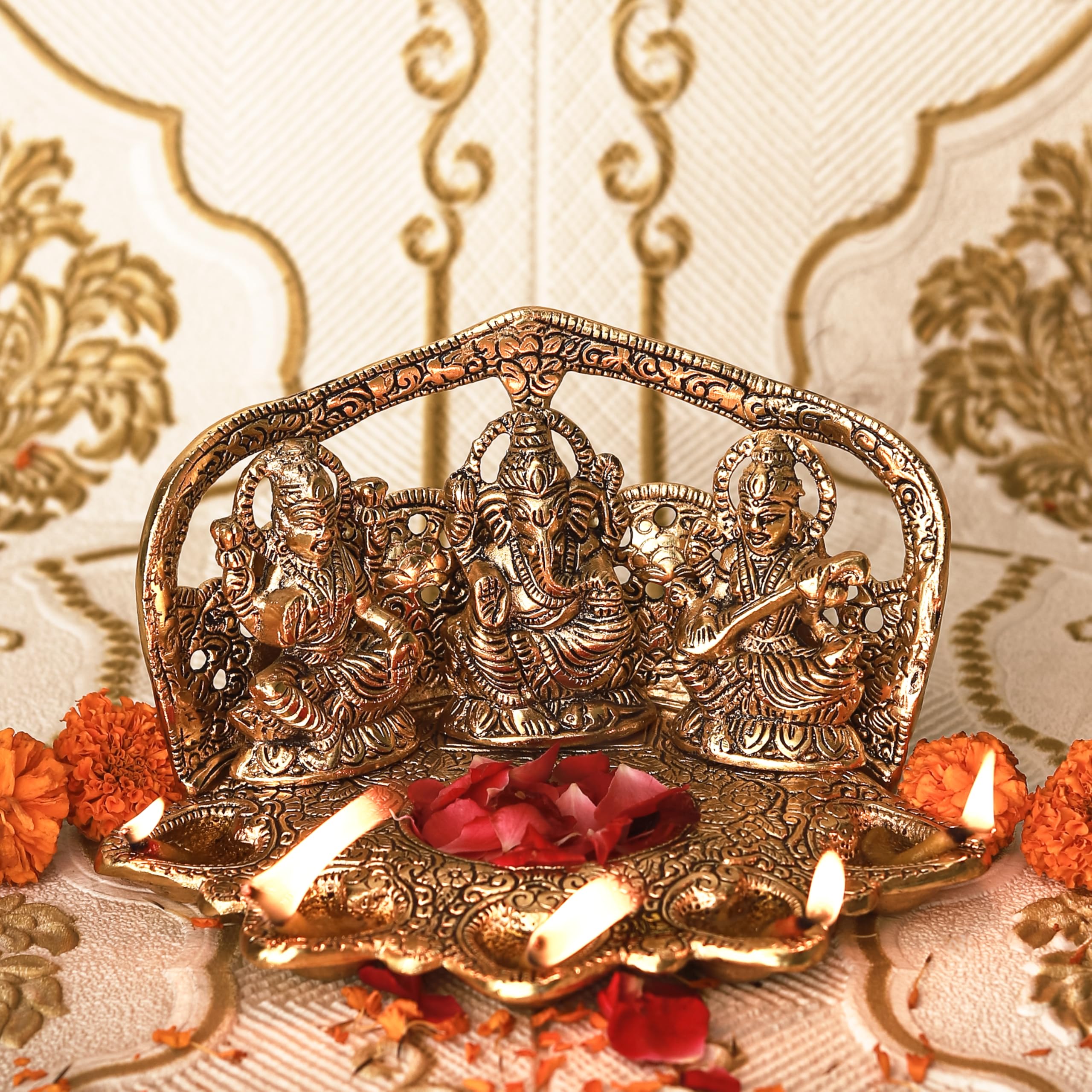 Klassic Laxmi Ganesh Saraswati Idol Diya Oil Lamp | Elegant Metal Puja Deepak For Home Temple, Diwali Puja & Festive Decoration 