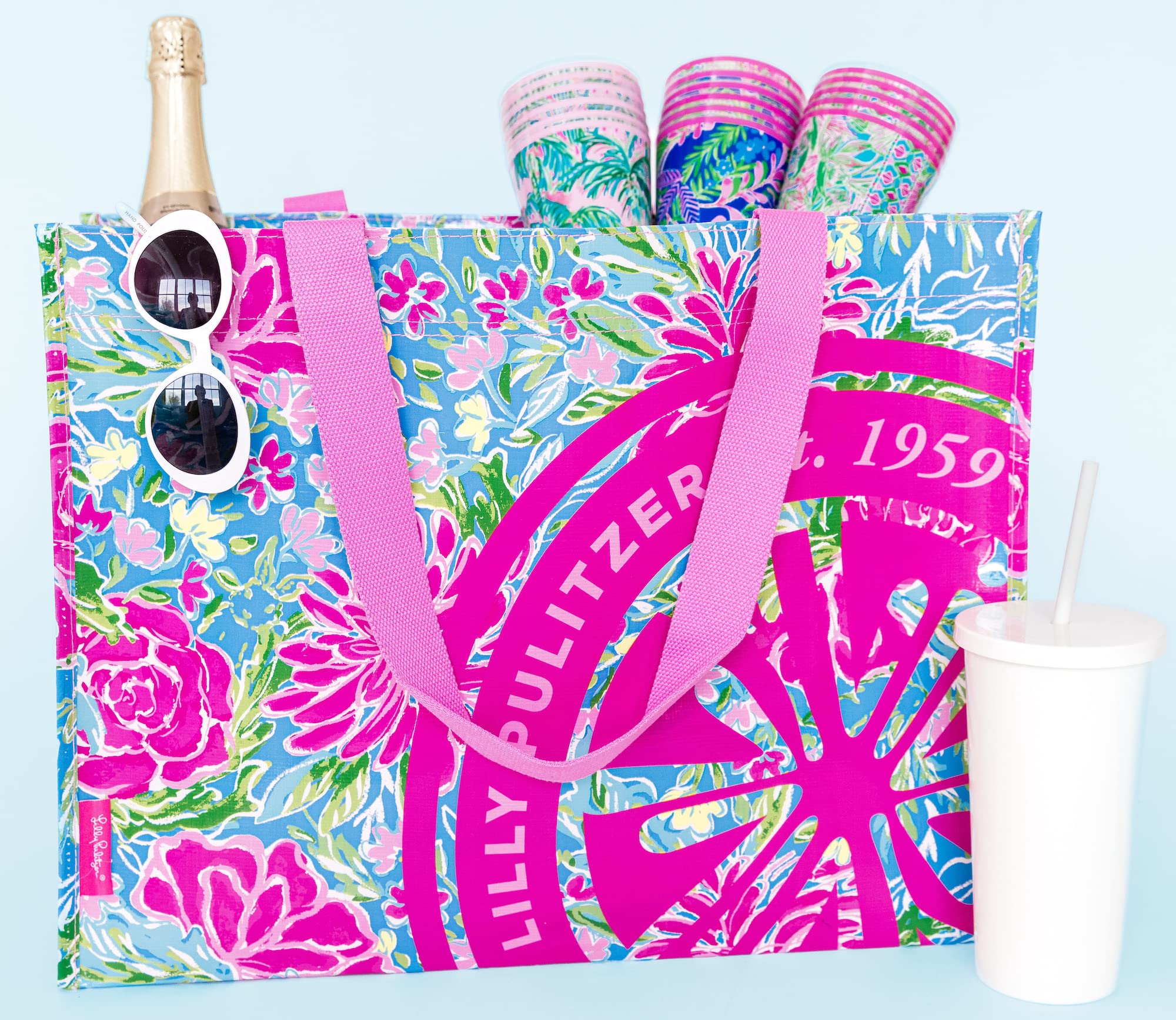 Lilly Pulitzer Blue/Green Xl Market Shopper Bag, Oversize Reusable Grocery Tote With Comfortable Shoulder Straps, Aqua La Vista