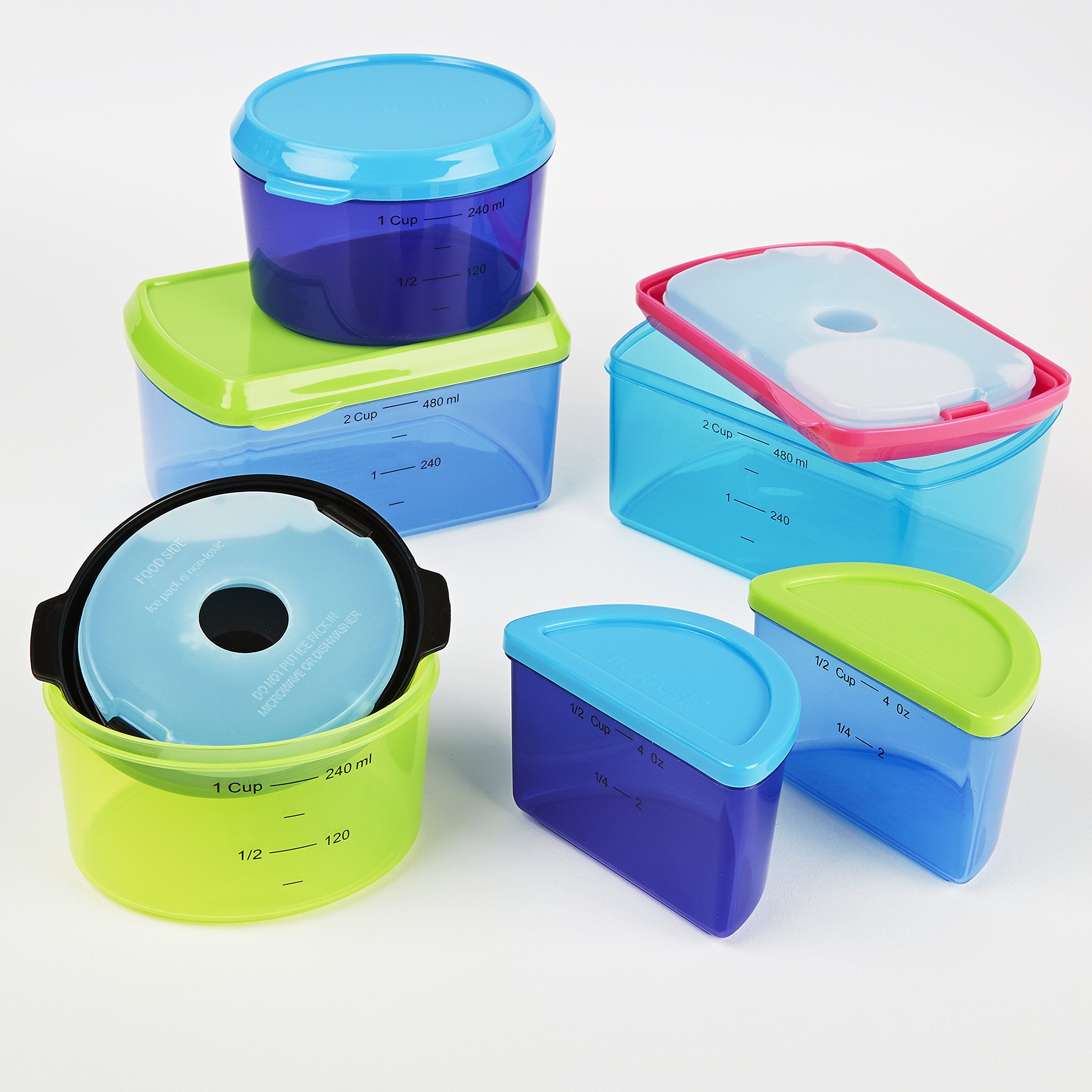 Fit & Fresh Kids' Reusable Lunch Box Container Set With Built-In Ice Packs, 14-Piece Healthy Lunch And Snack Kit, Bpa-Free Micro