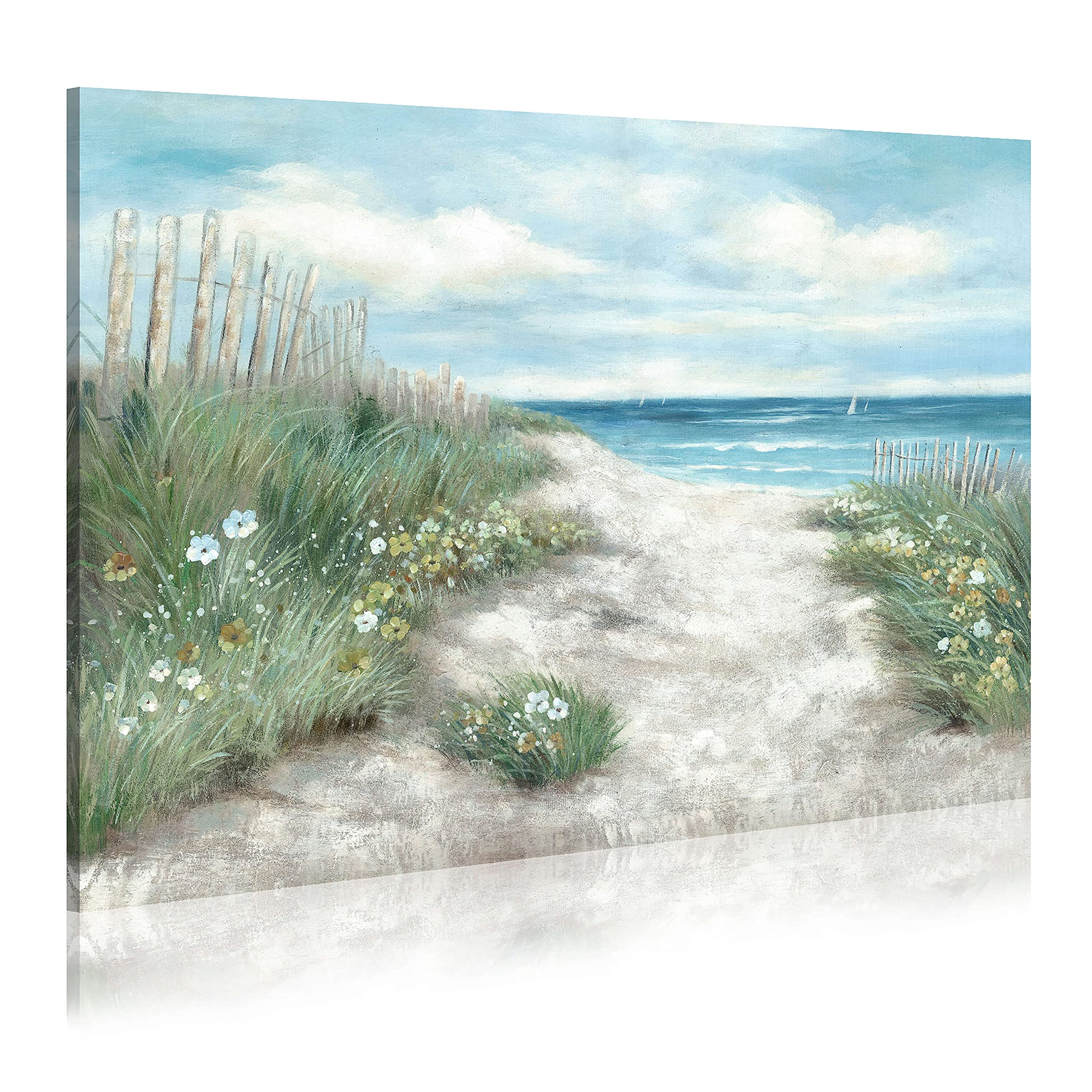 Wallsup Decor Abstract Beach Coastal Painting Canvas: Flower & Straw With Blue Sky Wall Art Seascape Artwork Picture For Living