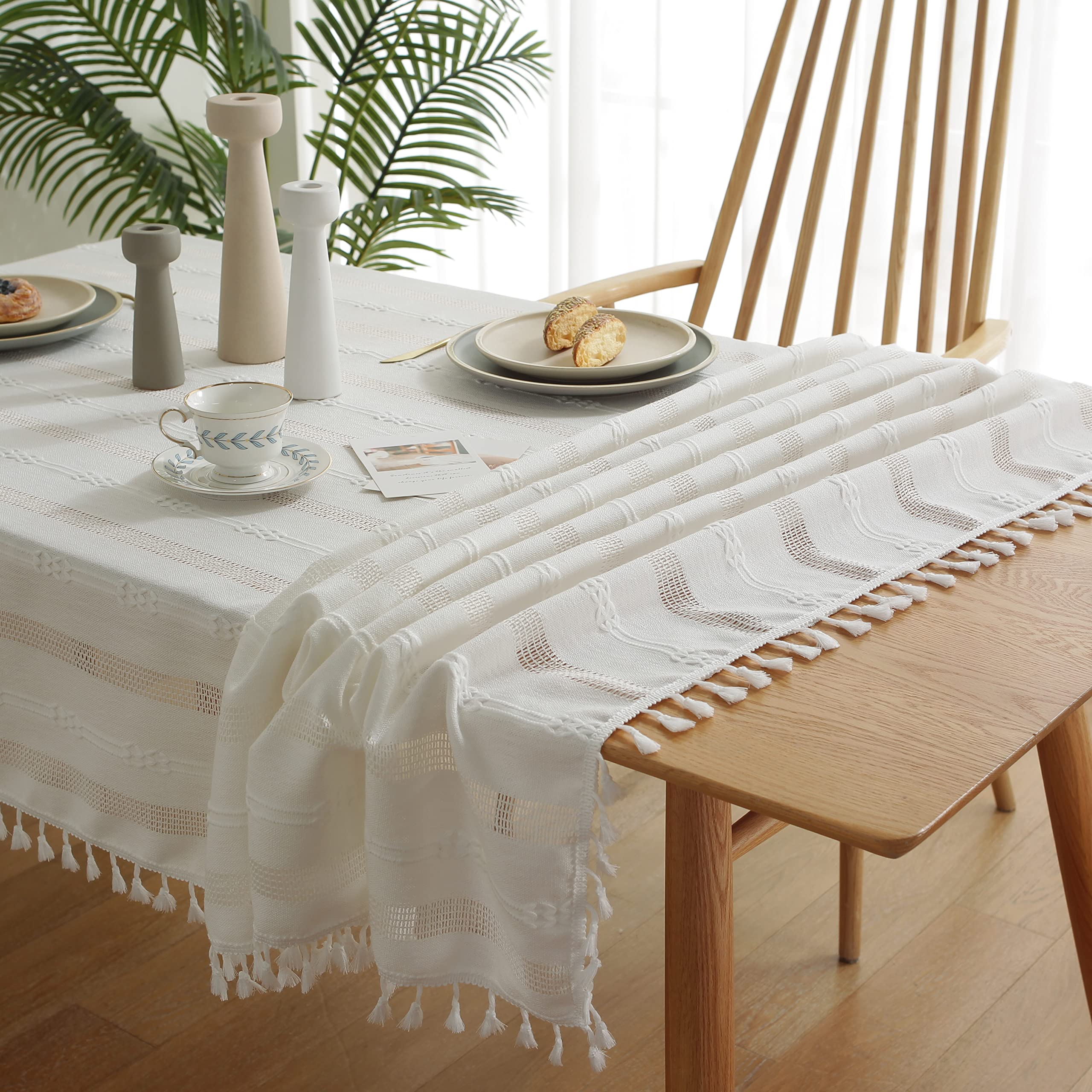 Gernaice Rustic Stripe Embroidered Tablecloth Heavy Square Tassel Cotton Linen Table Cloth Wrinkle Free Washable Table Cover for Kitchen Dinning Party Holiday White 55x55 Inch