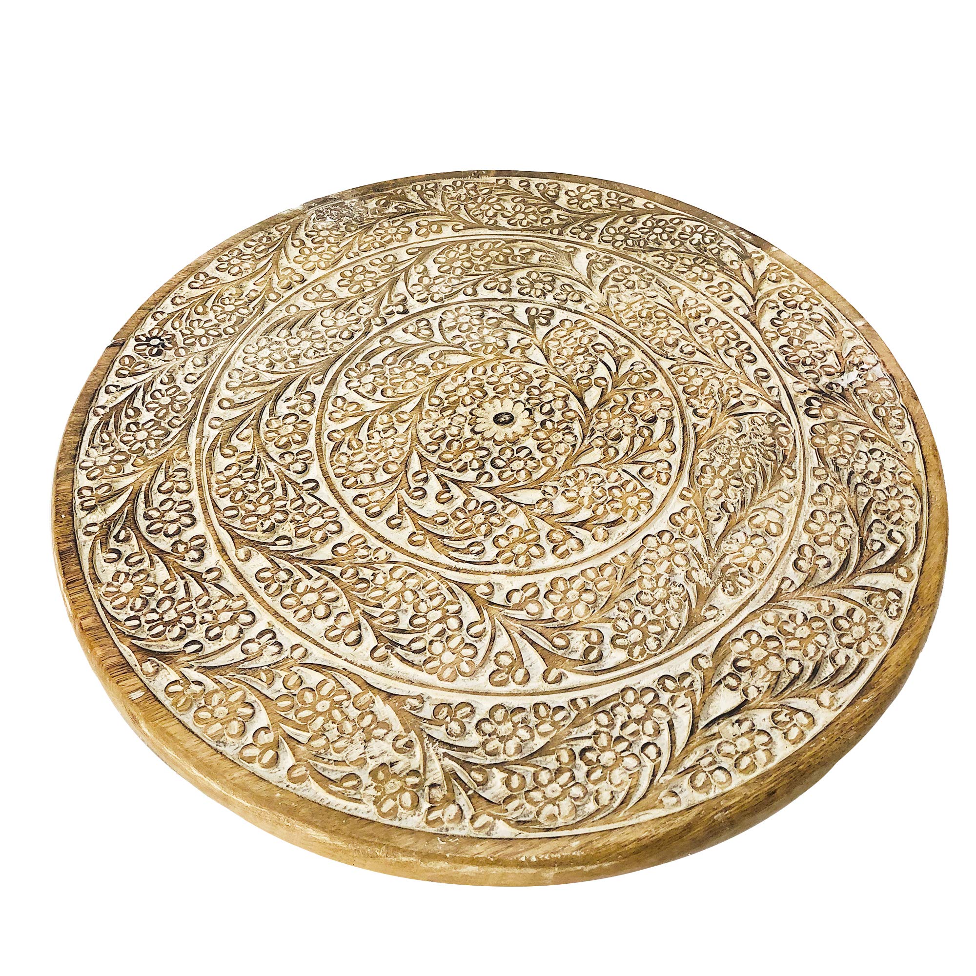 The Urban Port Round Mango Wood Decorative Carved Turntable Lazy Susan with Filigree Engraving