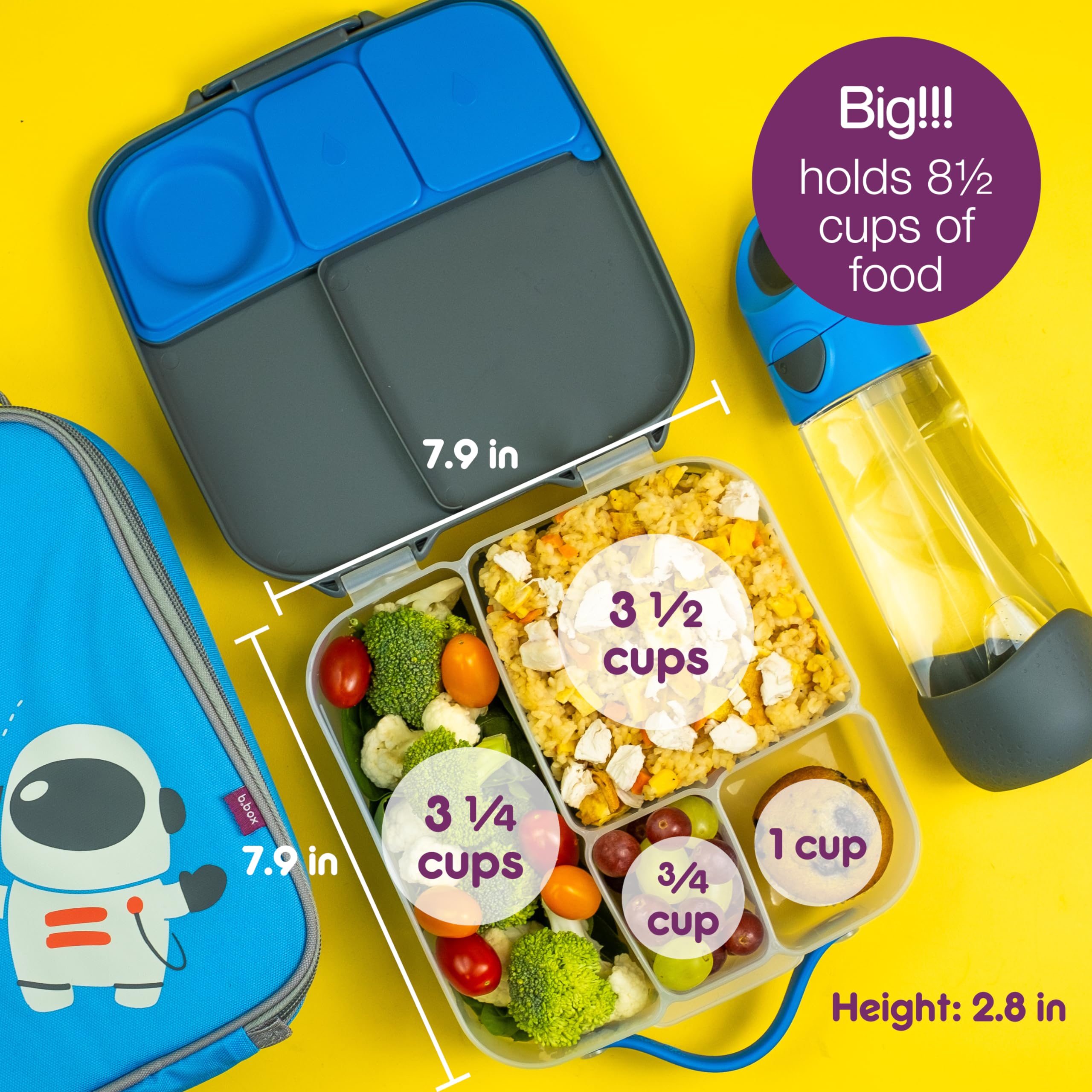 B.Box Lunch Box For Kids: Jumbo Bento Box With 4 Compartments (2 Leak Proof), Removable Divider, Gel Cold Pack. For Big Eaters A