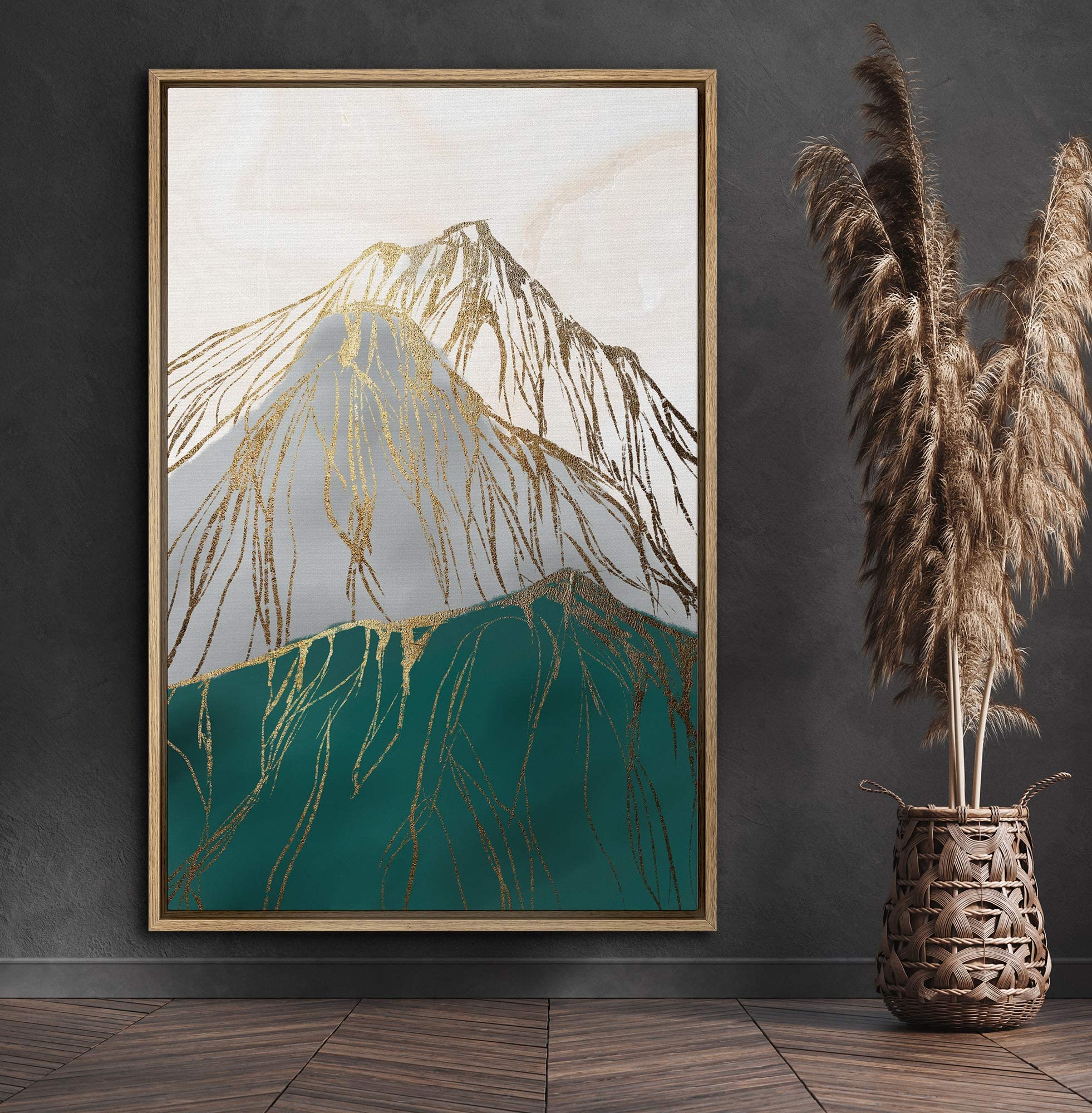 Signford Framed Canvas Print Wall Art Golden Lines Over Multicolor Mountains Abstract Wilderness Illustrations Modern Art Contem