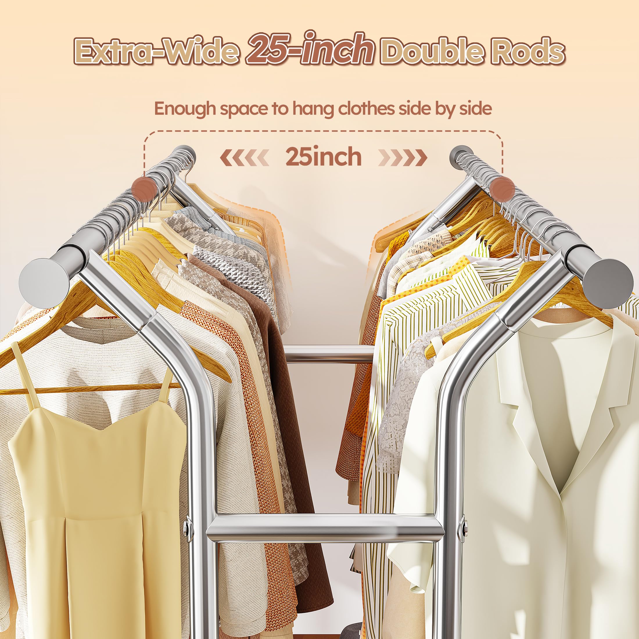 Raybee 74" Double Rod Clothes Rack with Wheels, Heavy Duty 630LBS Capacity, Chrome Finish, Model 25DM-TY-1211