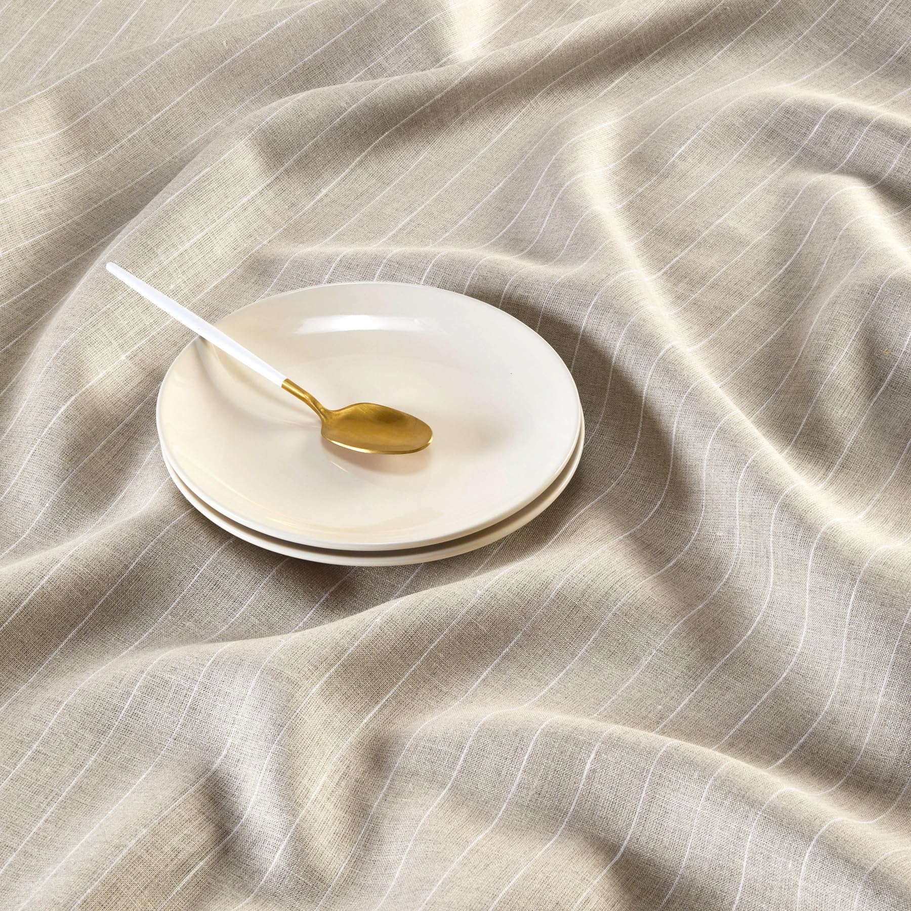 Solino Home Pinstripe Linen Tablecloth 52 X 52 Inch - 100% Pure Linen Natural And White Table Throw For Spring, Easter - Handcra