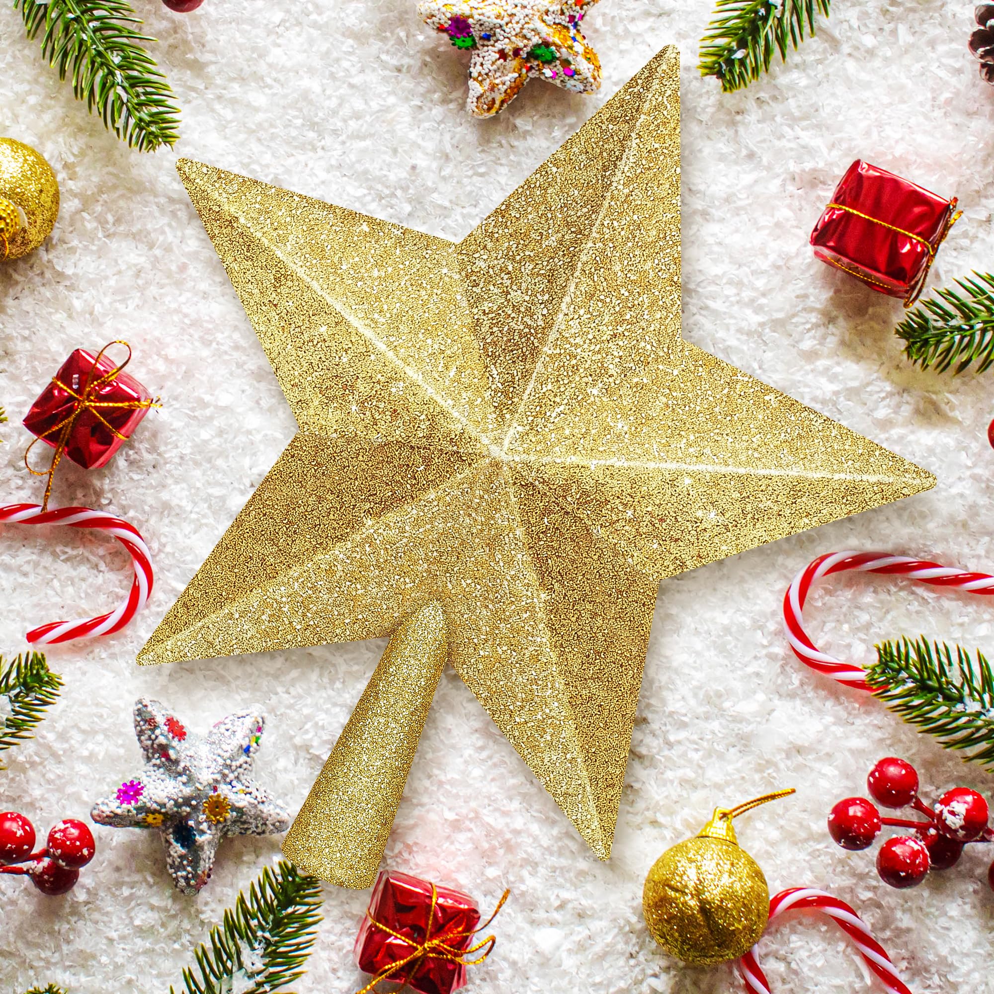 Christmas Tree Topper, 1PCS 10 Gold Glitter Star Tree Topper, Large Xmas Shatterproof Mini Bethlehem Star Tree Topper Decoration