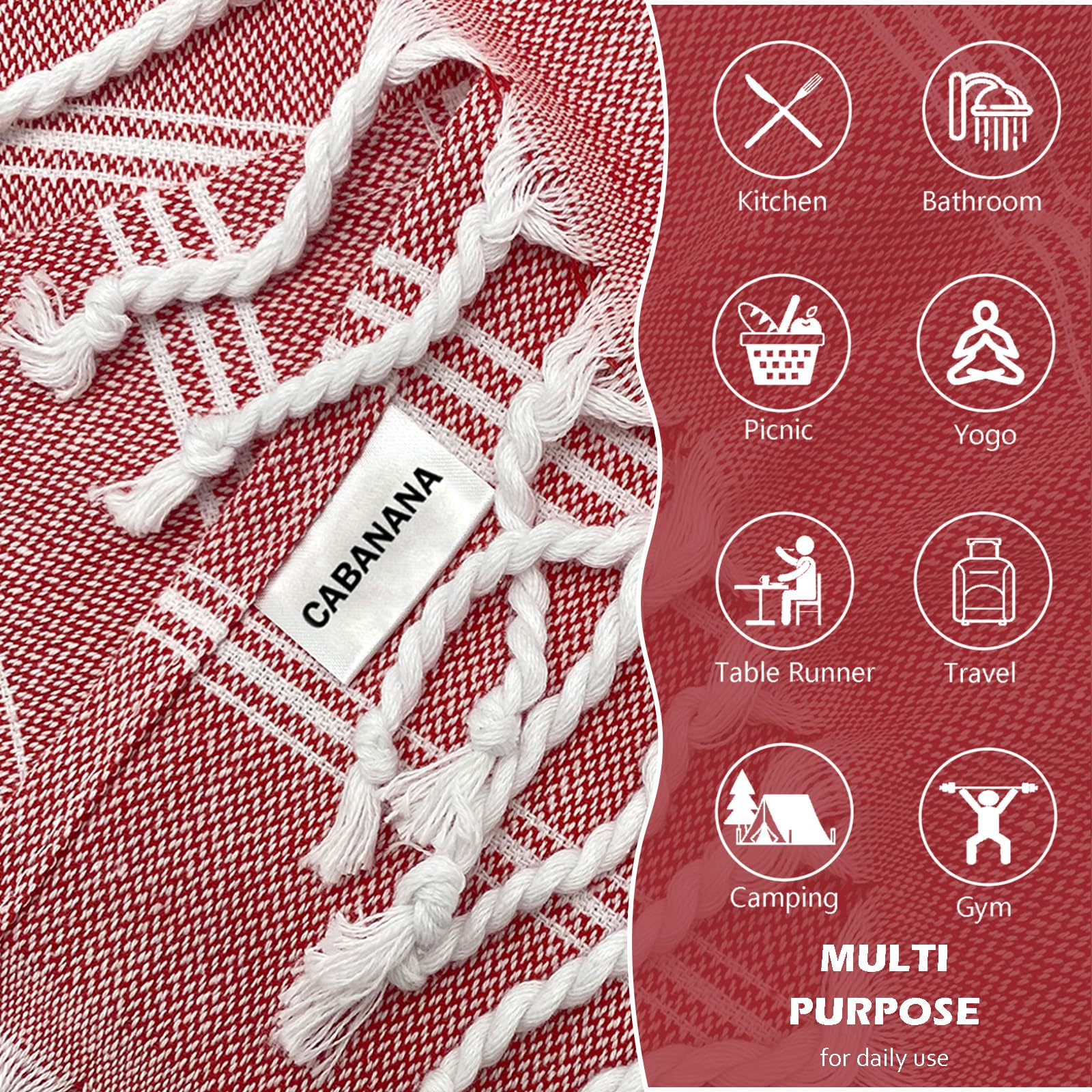 Cabanana Cotton Turkish Hand Towel - Set Of 2 | Boho Kitchen Tea Towels, 30 X 20 Inches Thin Decorative Bathroom Towel (Red)