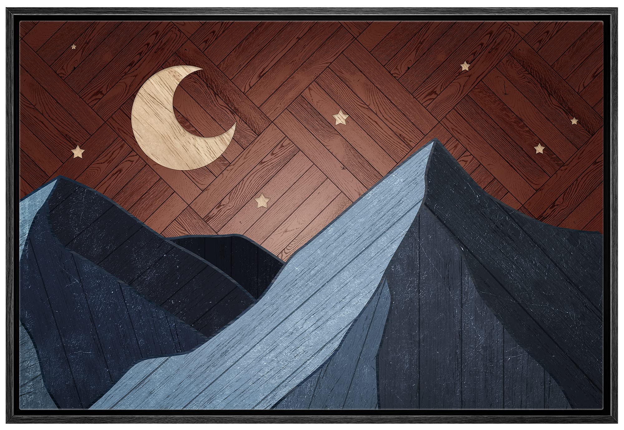 Wall26 Framed Canvas Print Wall Art Western Decor Wood Panel Crescent Moon Mountain Range Nature Wilderness Digital Art Modern A