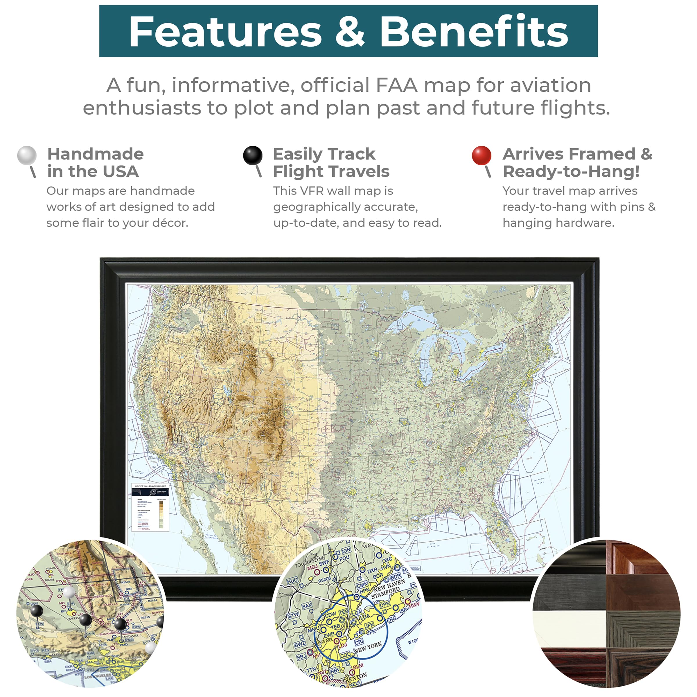 Personalized Usa Vfr Pinnable Pilot'S Map - Brown Frame - 27.5 Inches X 39.5. Inches - Aviator'S Map - Chart Your Flights!