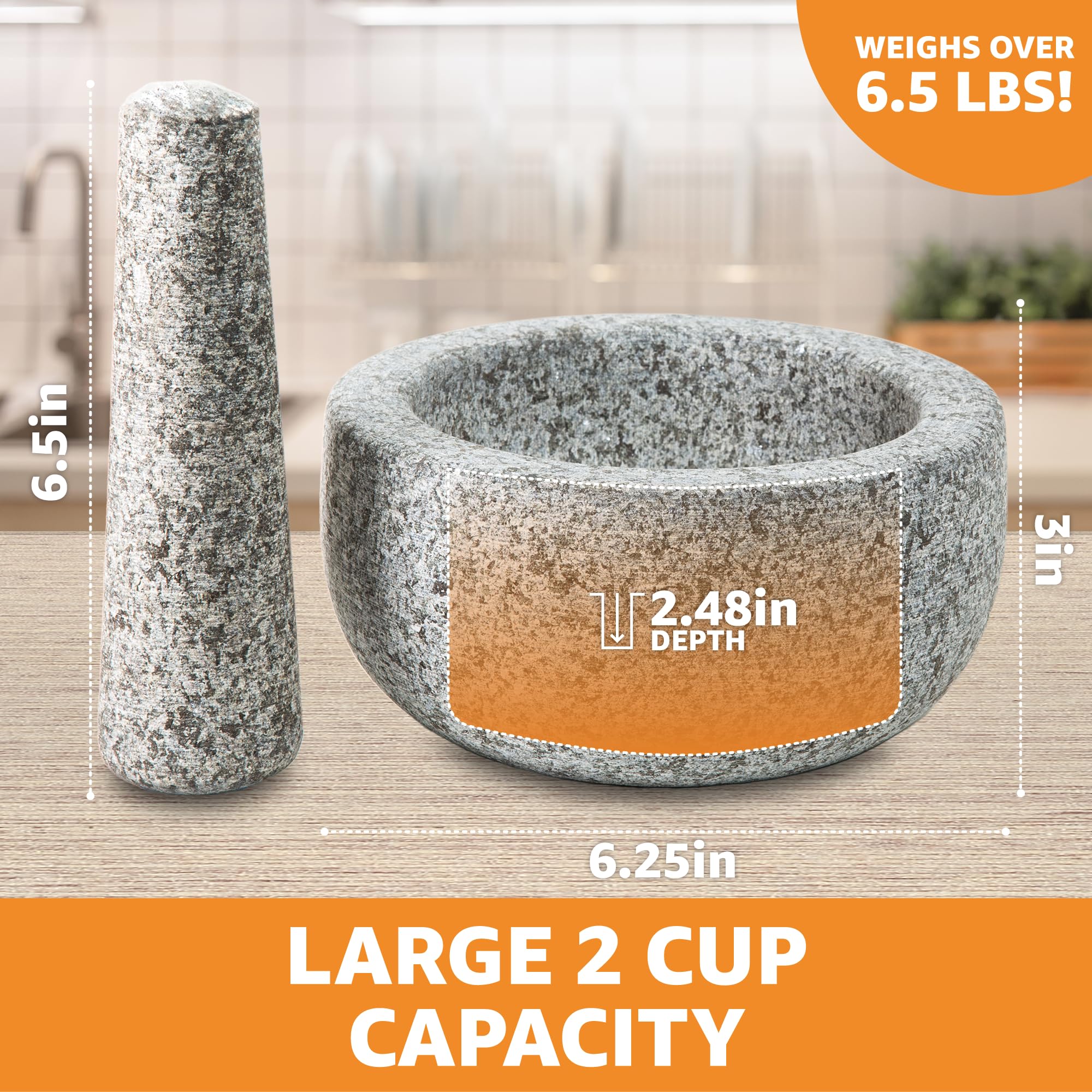 Heavy Duty Large Mortar And Pestle Set, Hand Carved From Natural Granite, Make Fresh Guacamole, Salsa, Pesto, Stone Grinder Bowl