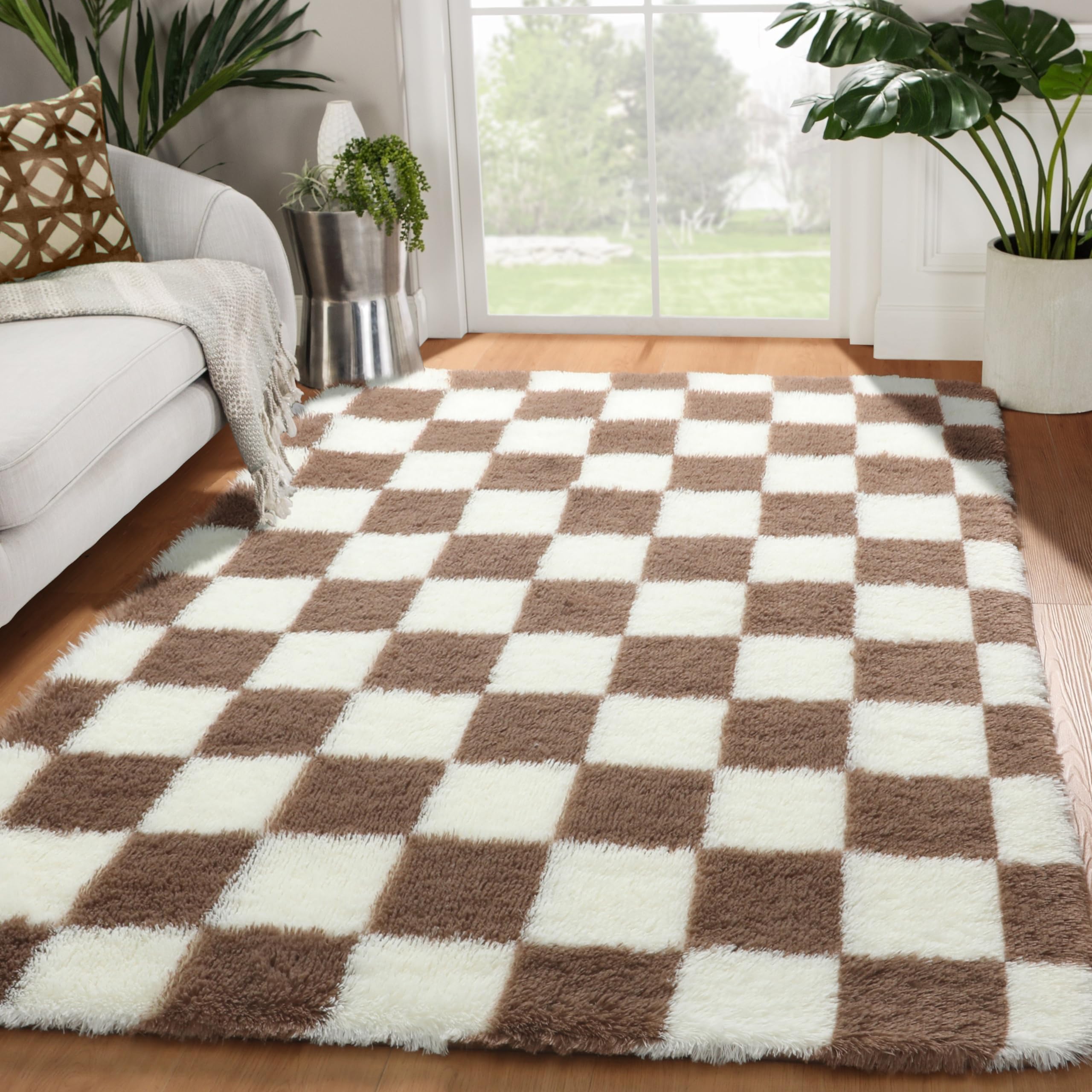 KICMOR 4x6 Brown and Cream White Area Rugs for Bedroom, Fluffy Shag Shaggy Fuzzy Checkered Living Room Rug, Soft and Comfy Bedsi