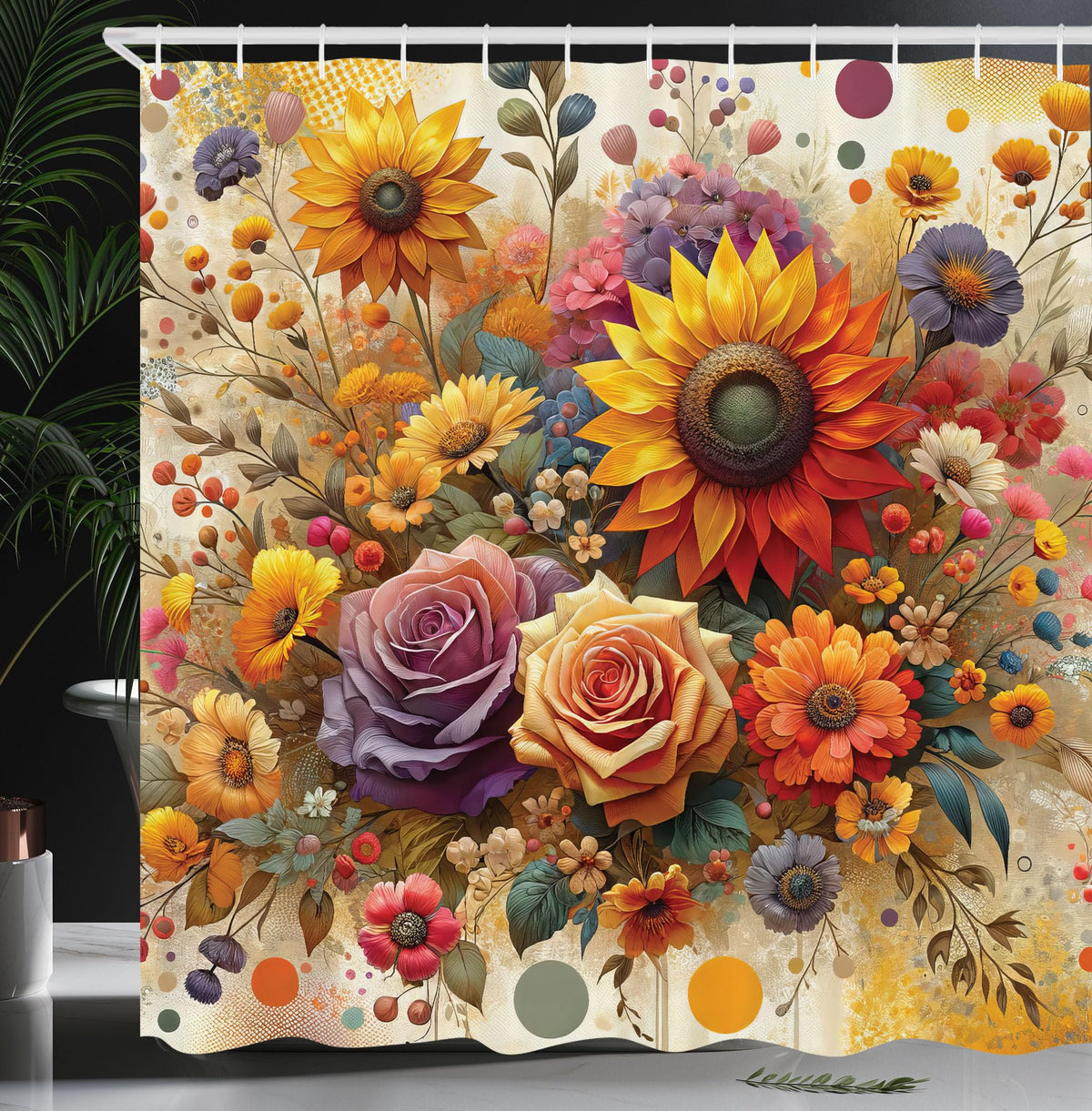 Ambesonne Colorful Shower Curtain, Spring Happiness Of Farmhouse Concept Art Sunflower And Rose Huddles, Cloth Fabric Bathroom D