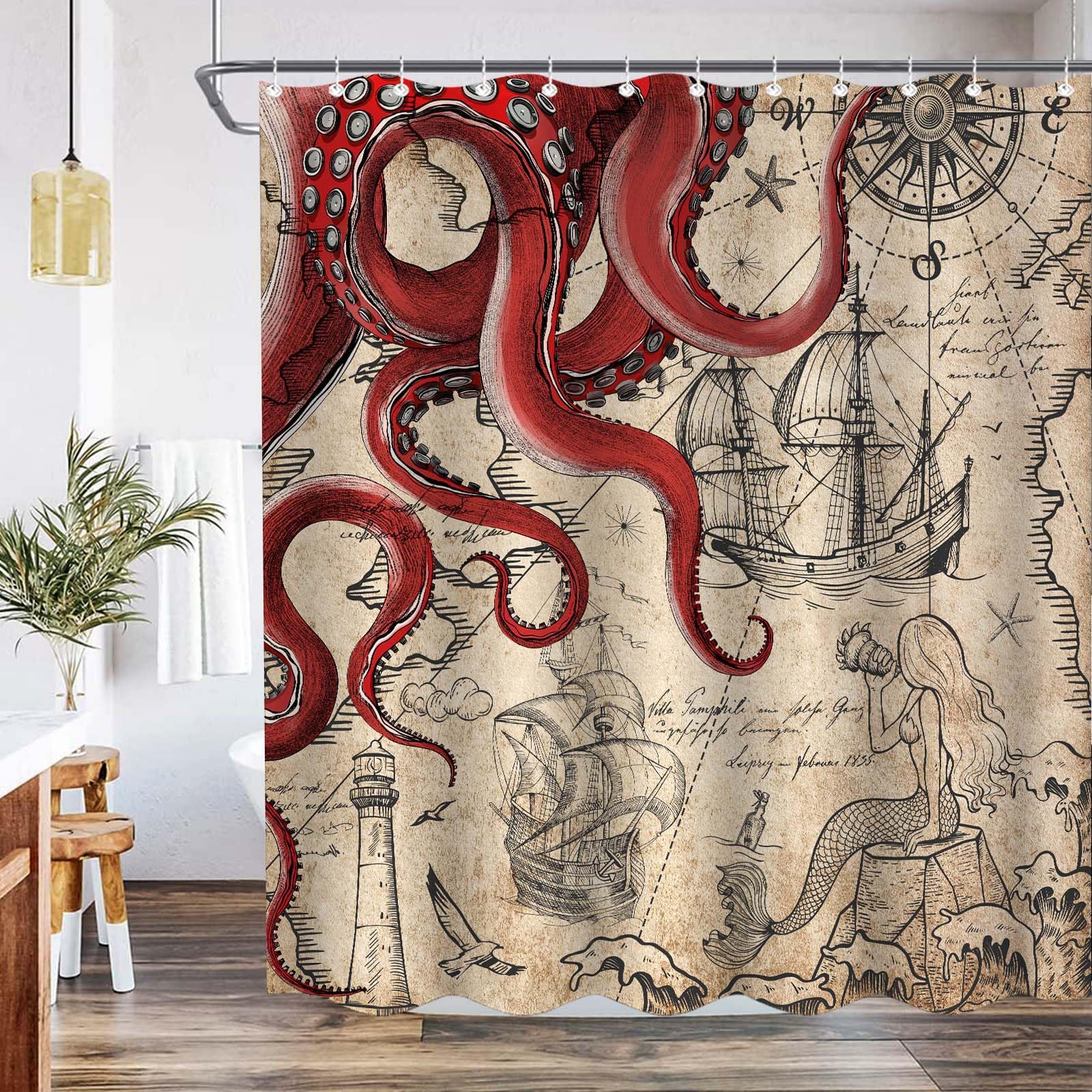 Fungarth 84 Inch Extra Long Vintage Red Nautical Octopus Shower Curtain Mermaid Funny Ocean Kraken Shower Curtains For Bathroom