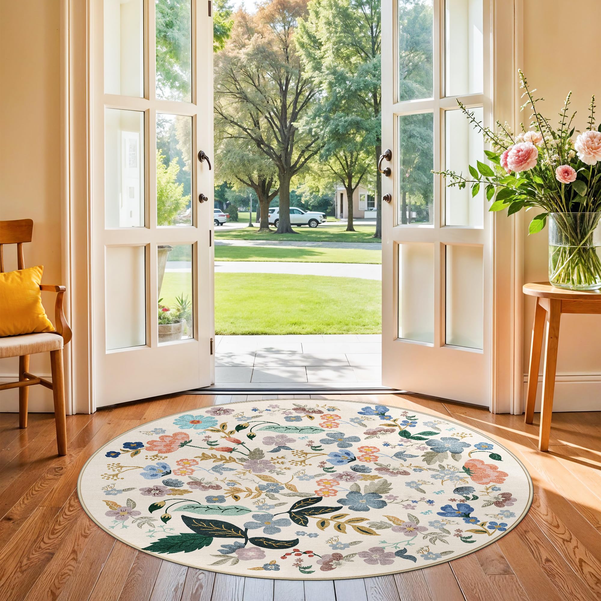Washable Floral Round Rugs for Bedroom - 4x4 Feet Circle Area Rugs for Living Room Nursery Non-Slip Stain Resistant Ultra Soft C