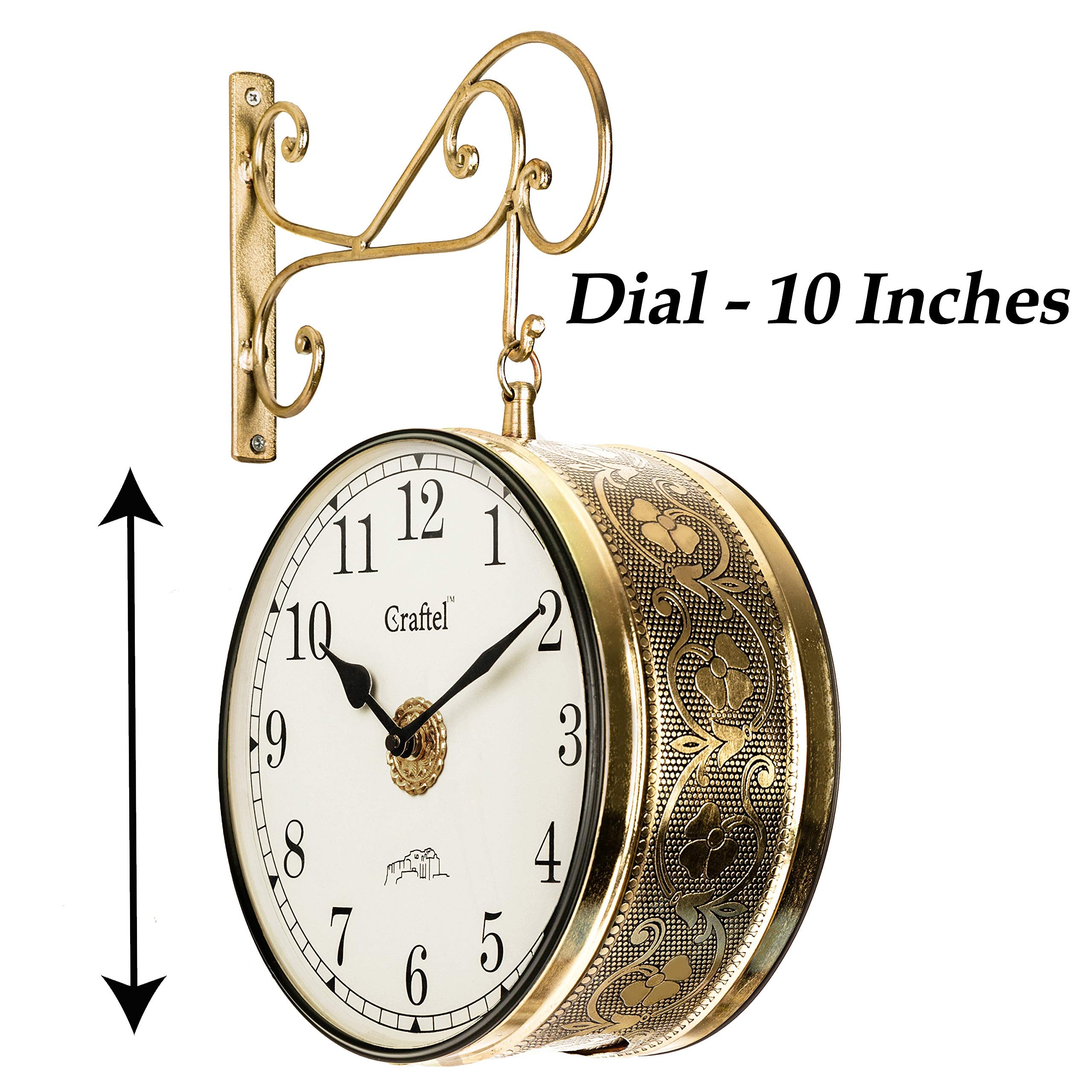 CRAFTEL Metal Analog Double Sided Vintage English Roman Station Wall Clock with Brass in dial (Golden_10 Inches)