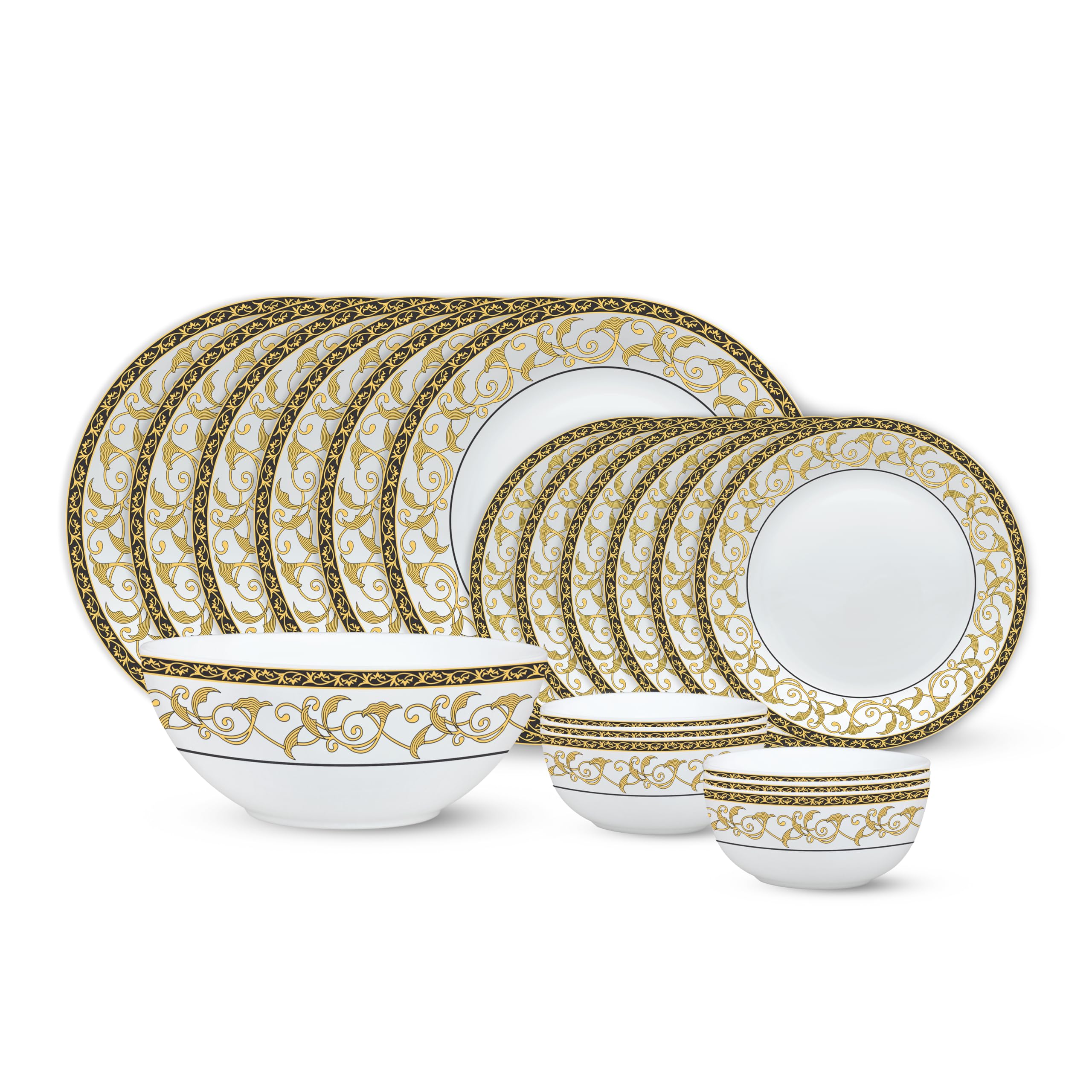 Larah By Borosil Royale Kohinoor Series Opalware Dinner Set | 19 Pcs For Family Of 6 | Microwave & Dishwasher Safe | BoneAsh Fr