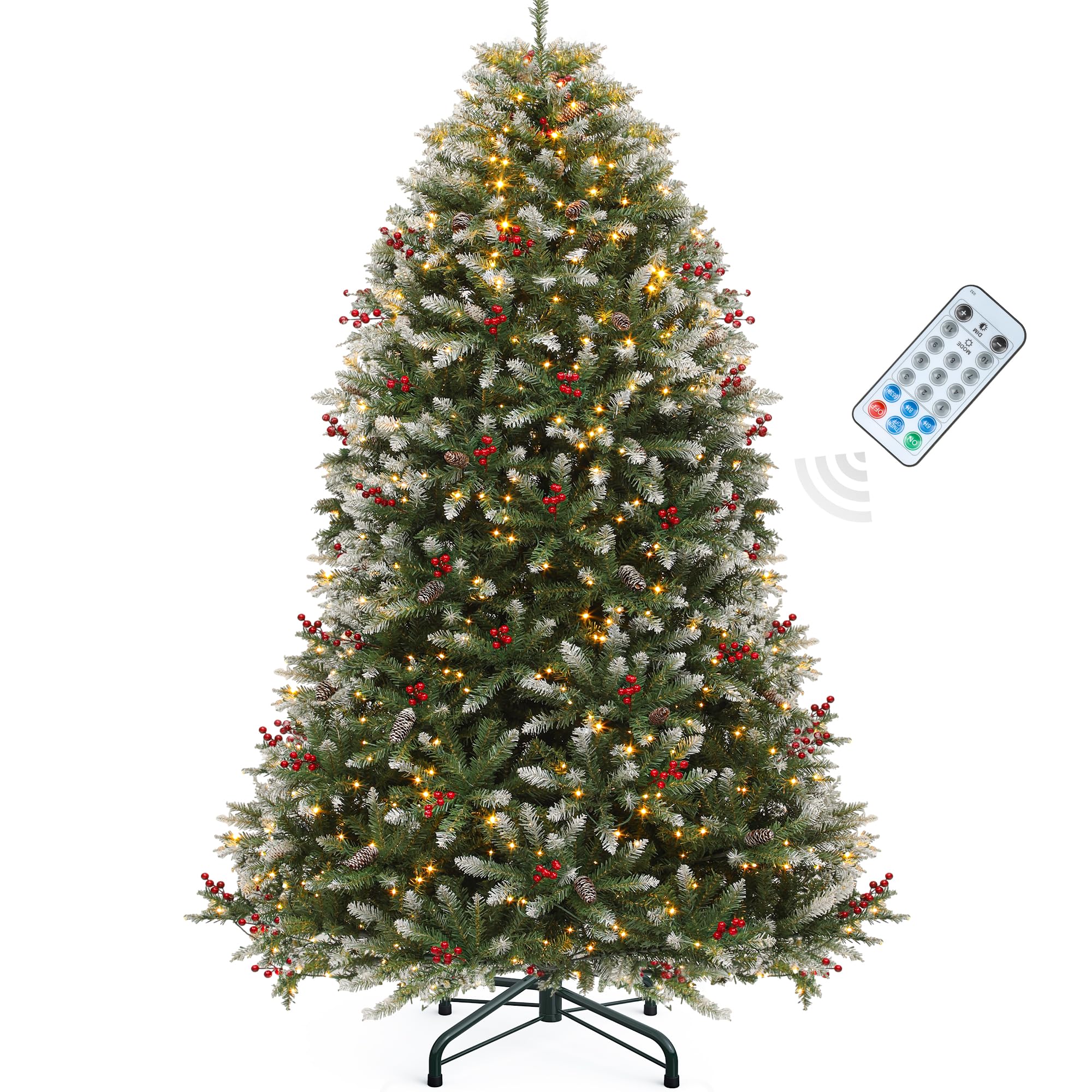 YITAHOME 6FT Prelit Frosted Green Artificial Christmas Tree with Remote, Pre-Decorated Christmas Tree w/ 1838 Tips, 80 Pine Cone