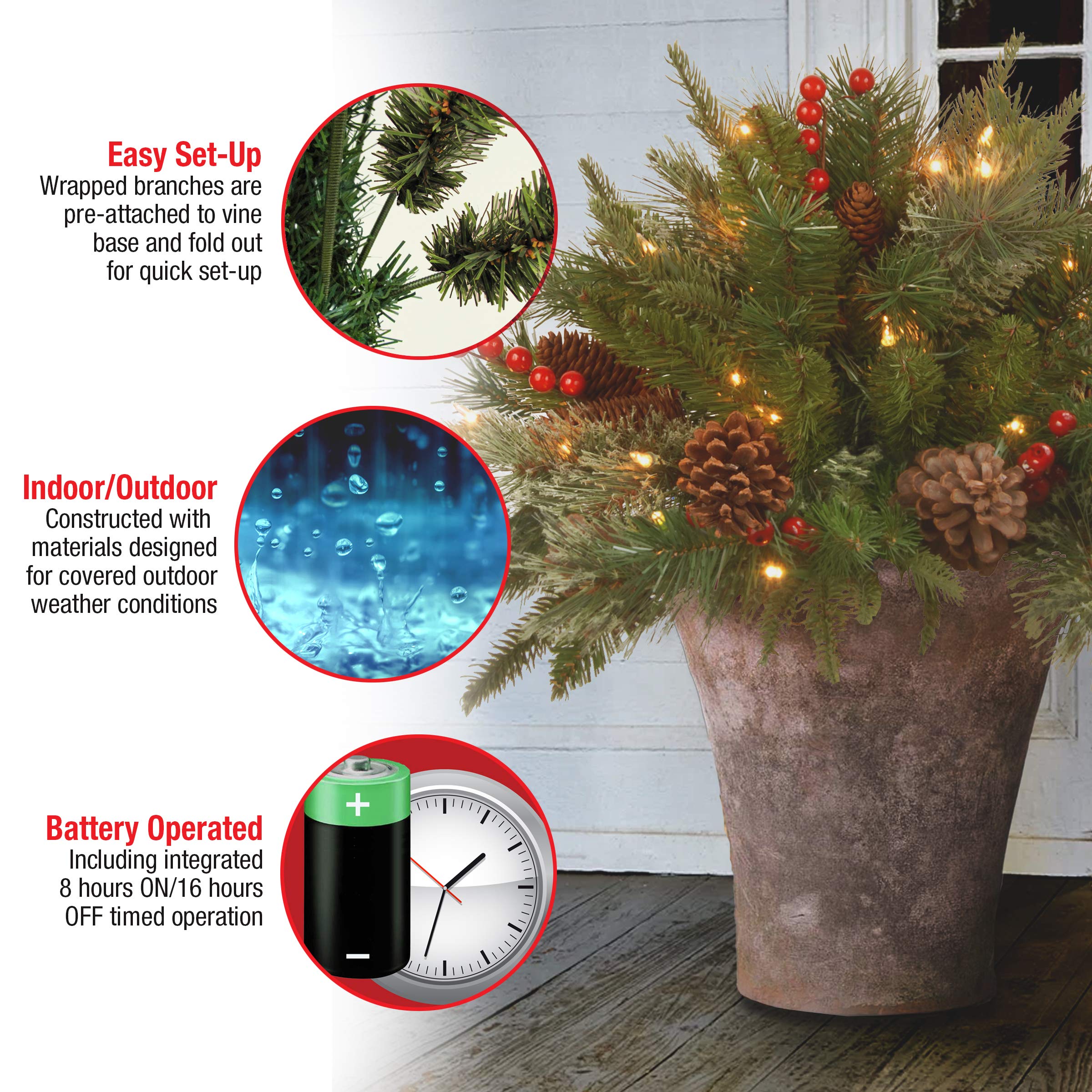 National Tree Company 18 in Pre-Lit Colonial Fir Artificial Christmas Urn Filler, Christmas Decoration with Pinecones, Red Berri