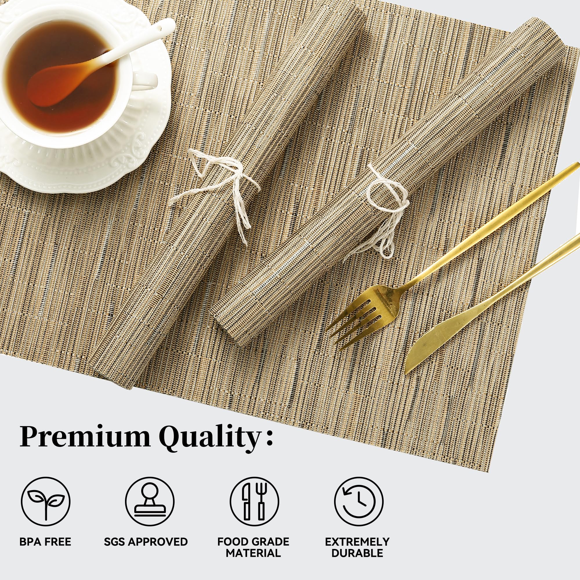 Leetaltree Light Brown Placemats Set Of 12 - Heat Resistant Non-Slip Place Mats For Dining Table, Washable Durable Pvc Vinyl Wov