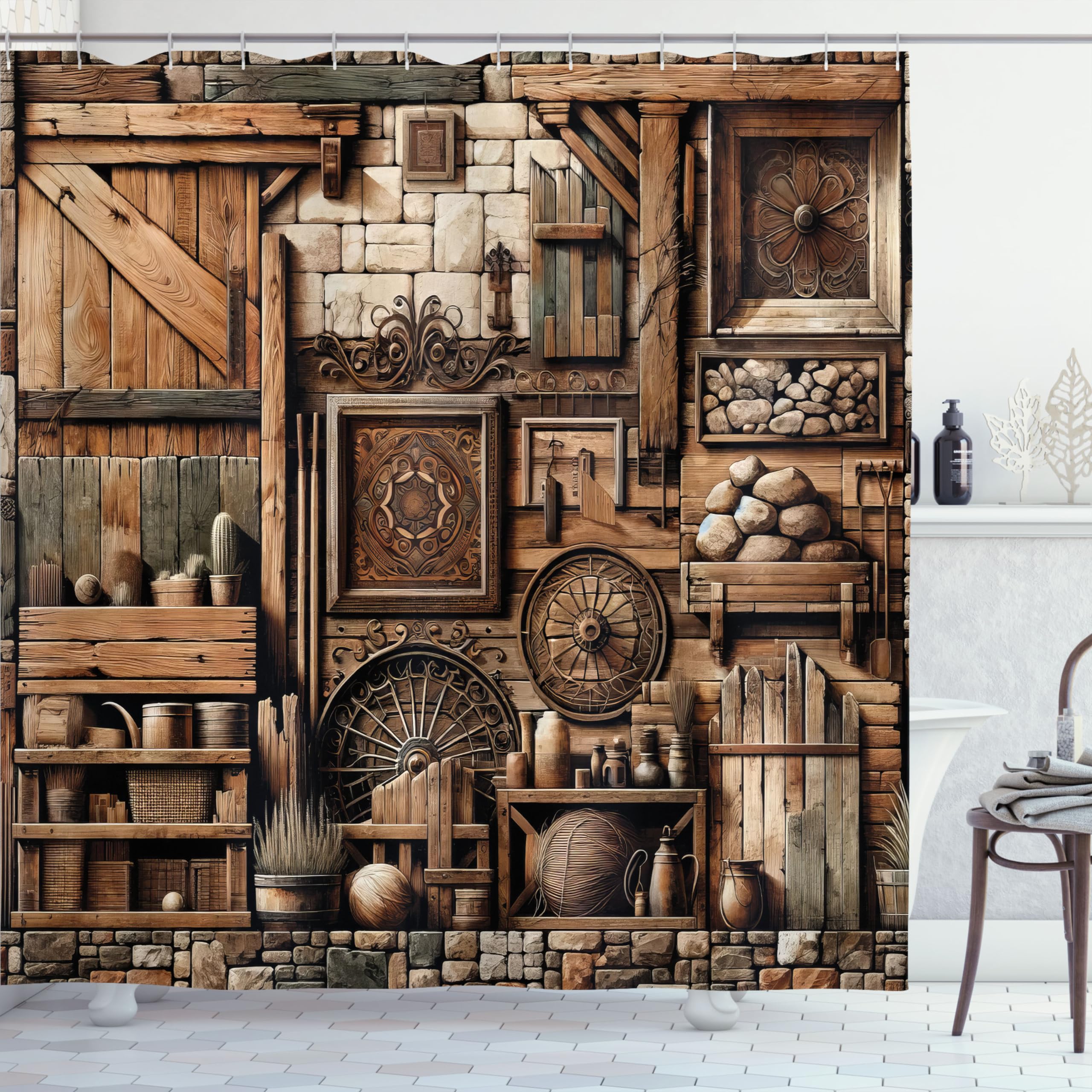 Ambesonne Rustic Shower Curtain, Weathered And Grunge Look Medieval Time Inspired Cottage Scene Wooden Details, Cloth Fabric Bat