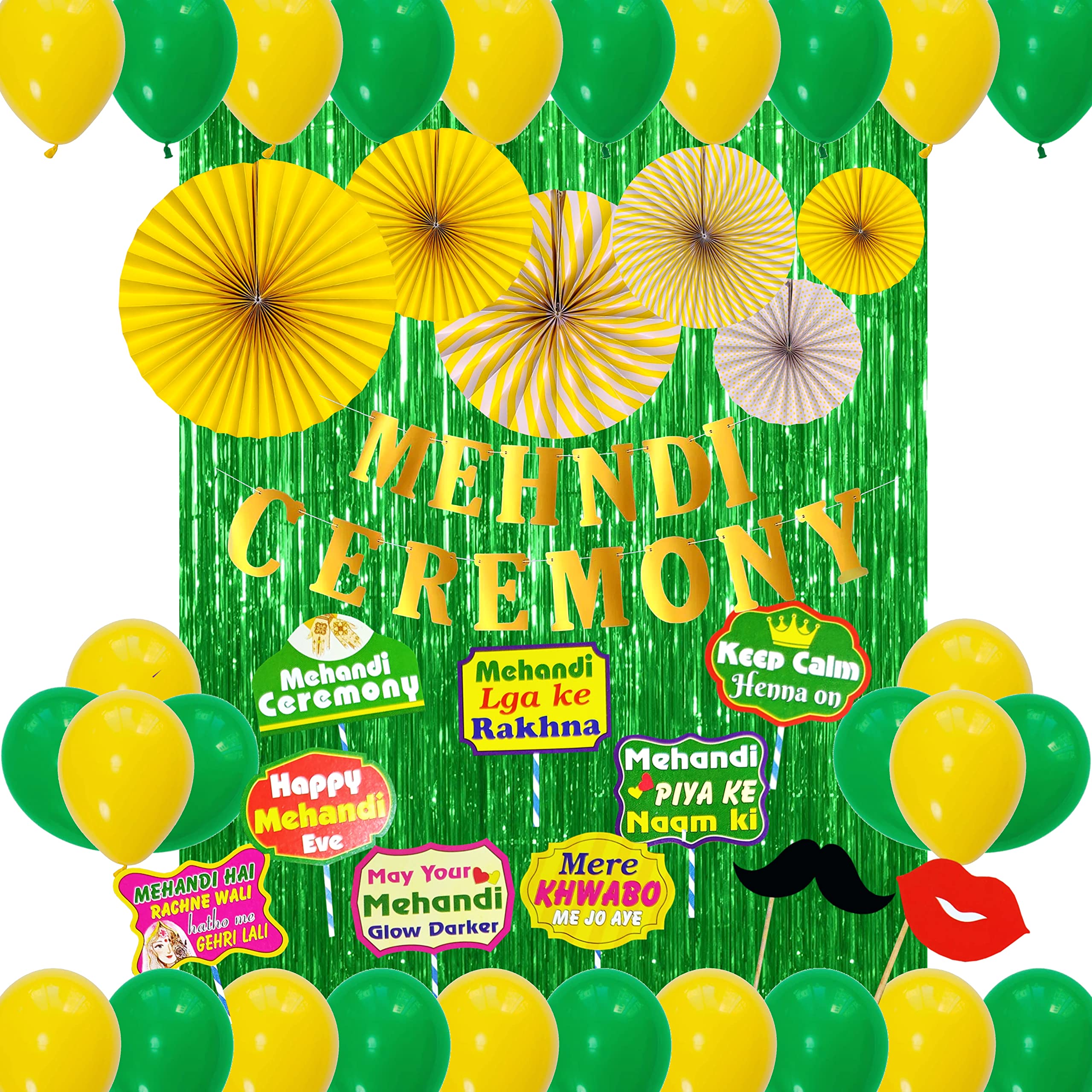 GRAND SHOP Mehndi Decoration Balloons Curtain Hanging Fan Photo Booth Props Set of 59 Pcs