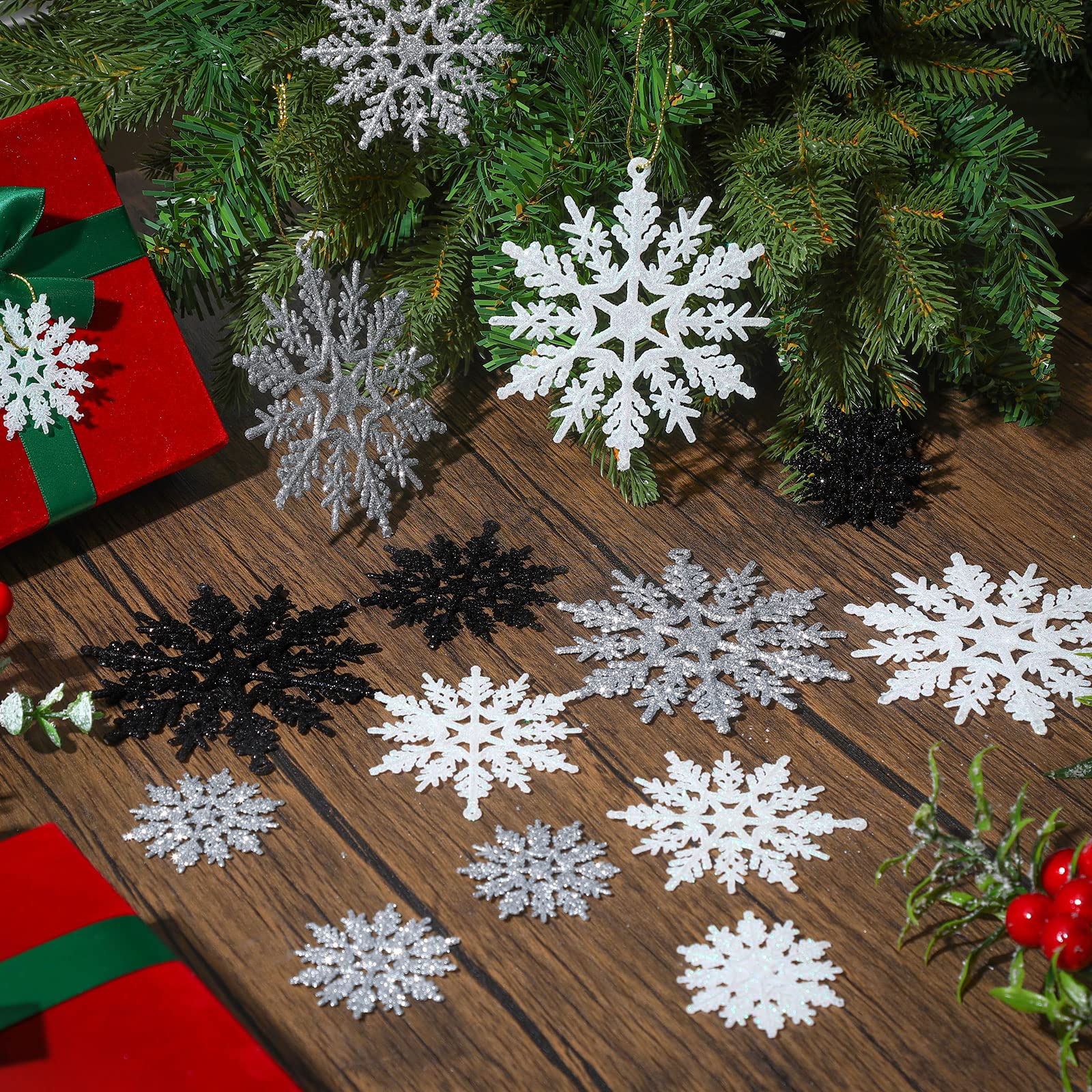 Sumind 48 Pieces Christmas Snowflake Ornaments 3 Sized 2, 3, 4 Inches Plastic Glittered Snowflakes Hanging Tree Decoration Winte
