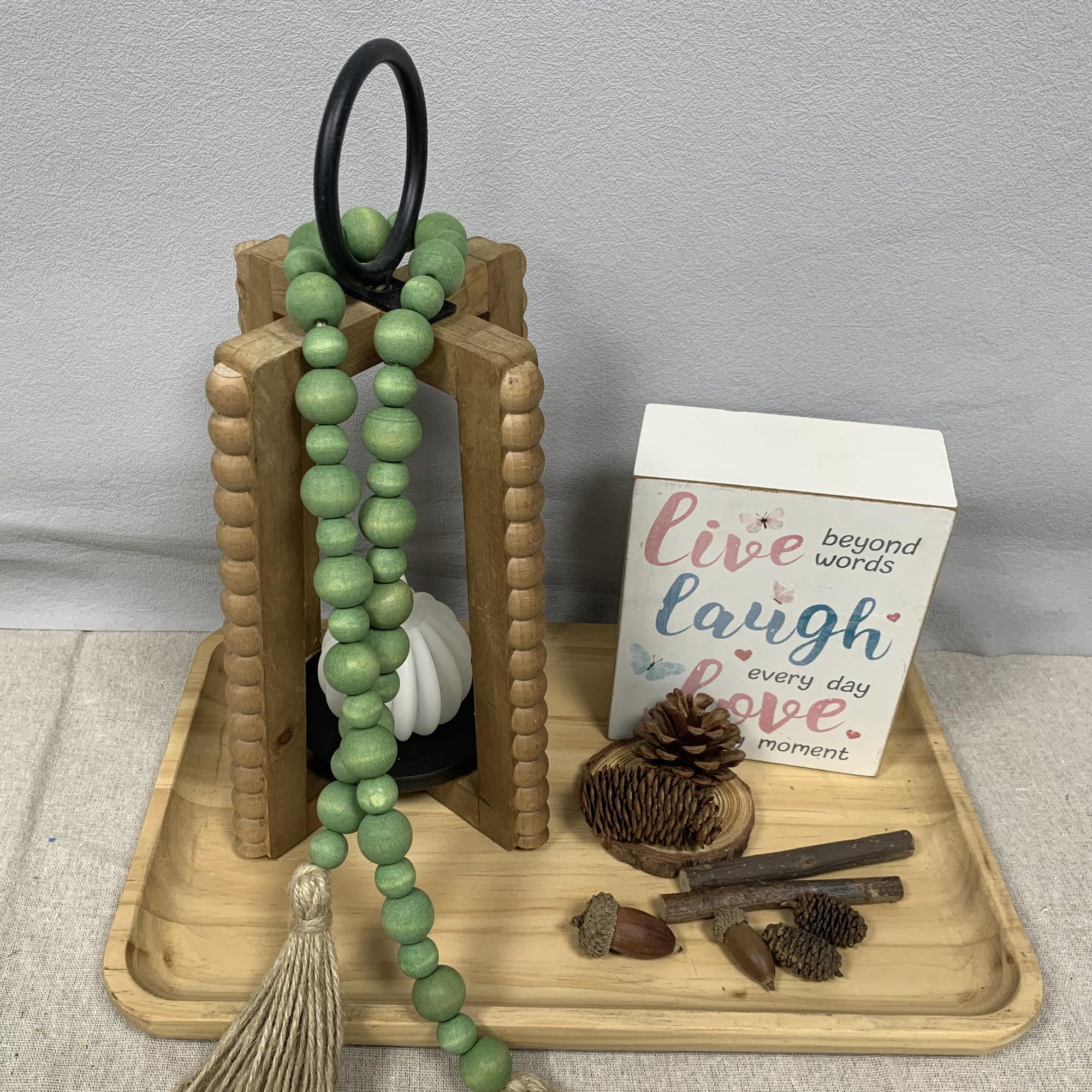Handcrafted Farmhouse Wooden Decorative Beads Garland, Table Tray Boho Wood Beads with Tassel, Small Rustic Antique Decor for Ho