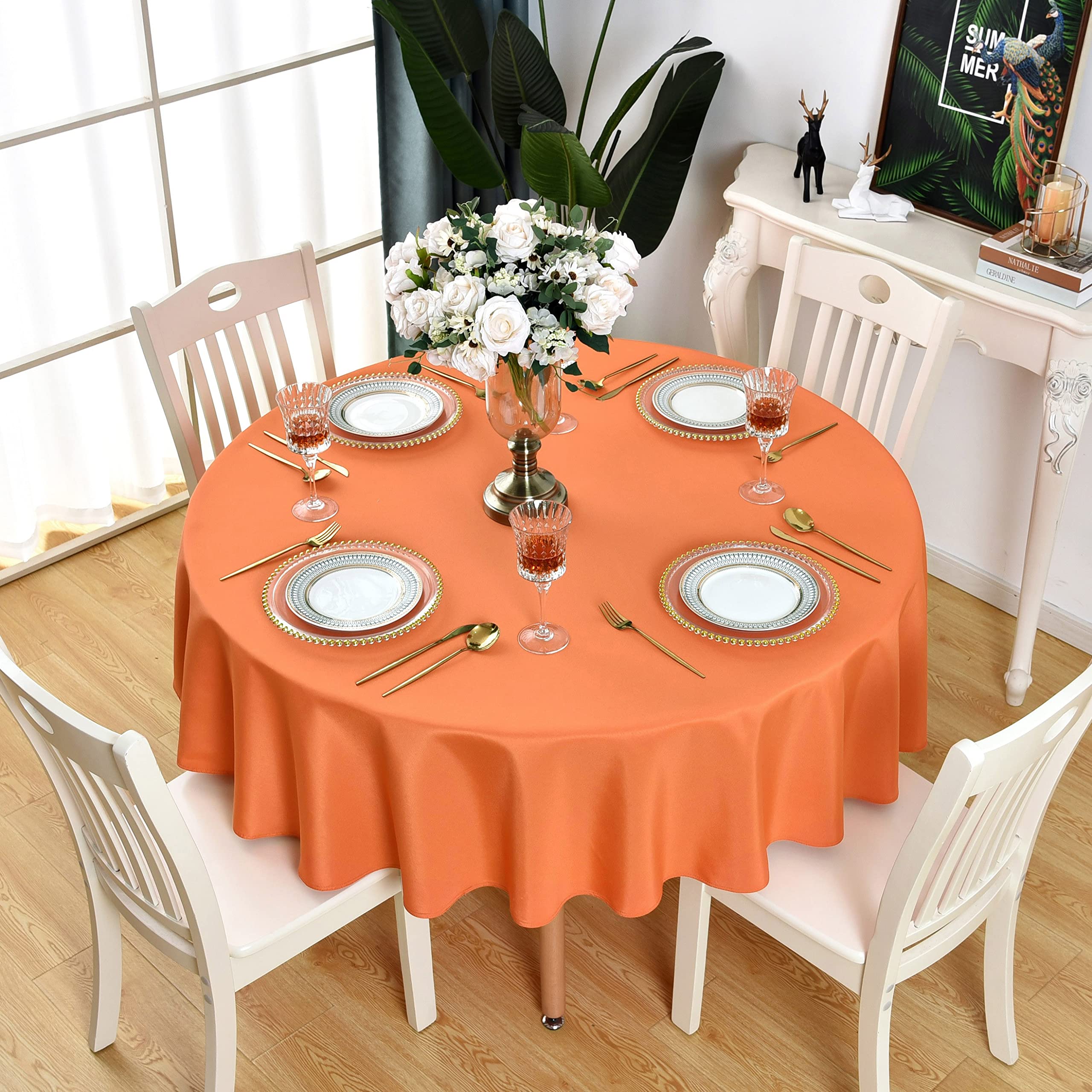 Kaipho Orange Round Tablecloth Waterproof Stain Resistant Wrinkle Free Table Cloth 210Gsm Polyester Washable Wipeable Table Cove