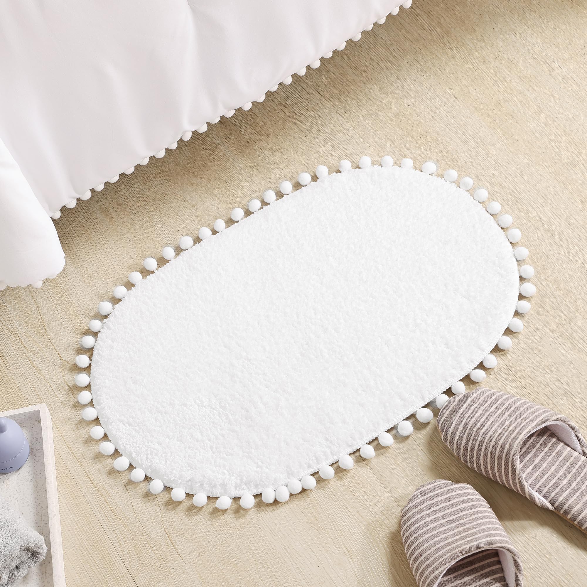 Yirddeo Bath Mat White Rug With Pom Oval Bathroom Rugs For Bedroom Non Slip Cute Boho Absorbent Mats Soft Plush Washable Rug (20