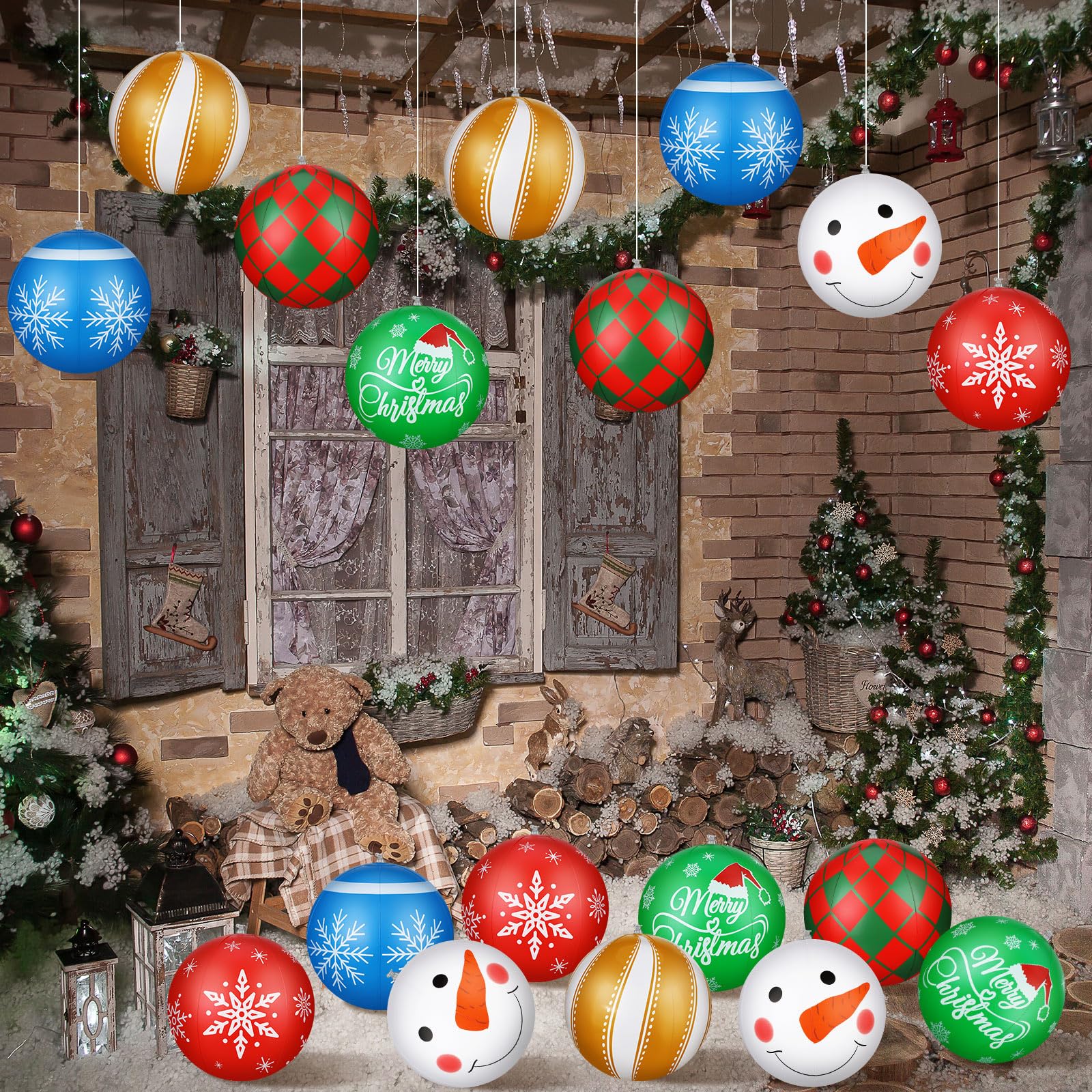 Jetec 18 Pcs 16 Inch Giant Inflatable Christmas Ball PVC Hanging Decorated Christmas Inflatables Indoor Outdoor Xmas Ornaments f