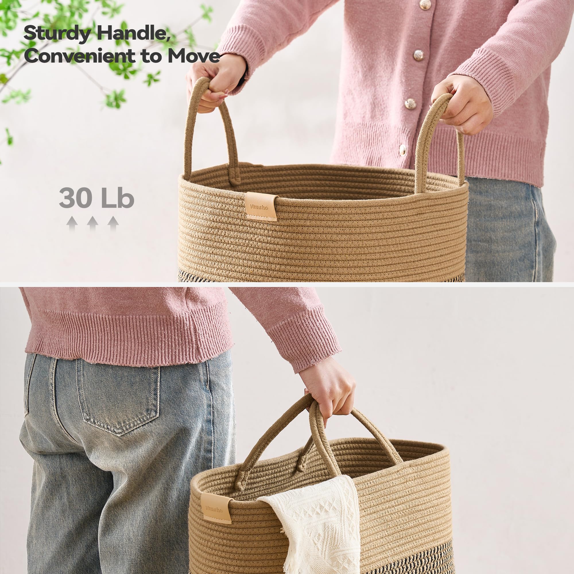 Nunsino 62L Laundry Hamper Basket,Baby Nursery Woven Storage Basket For Toys Bin,Pillows,Blankets,Clothes,Dark&Brown