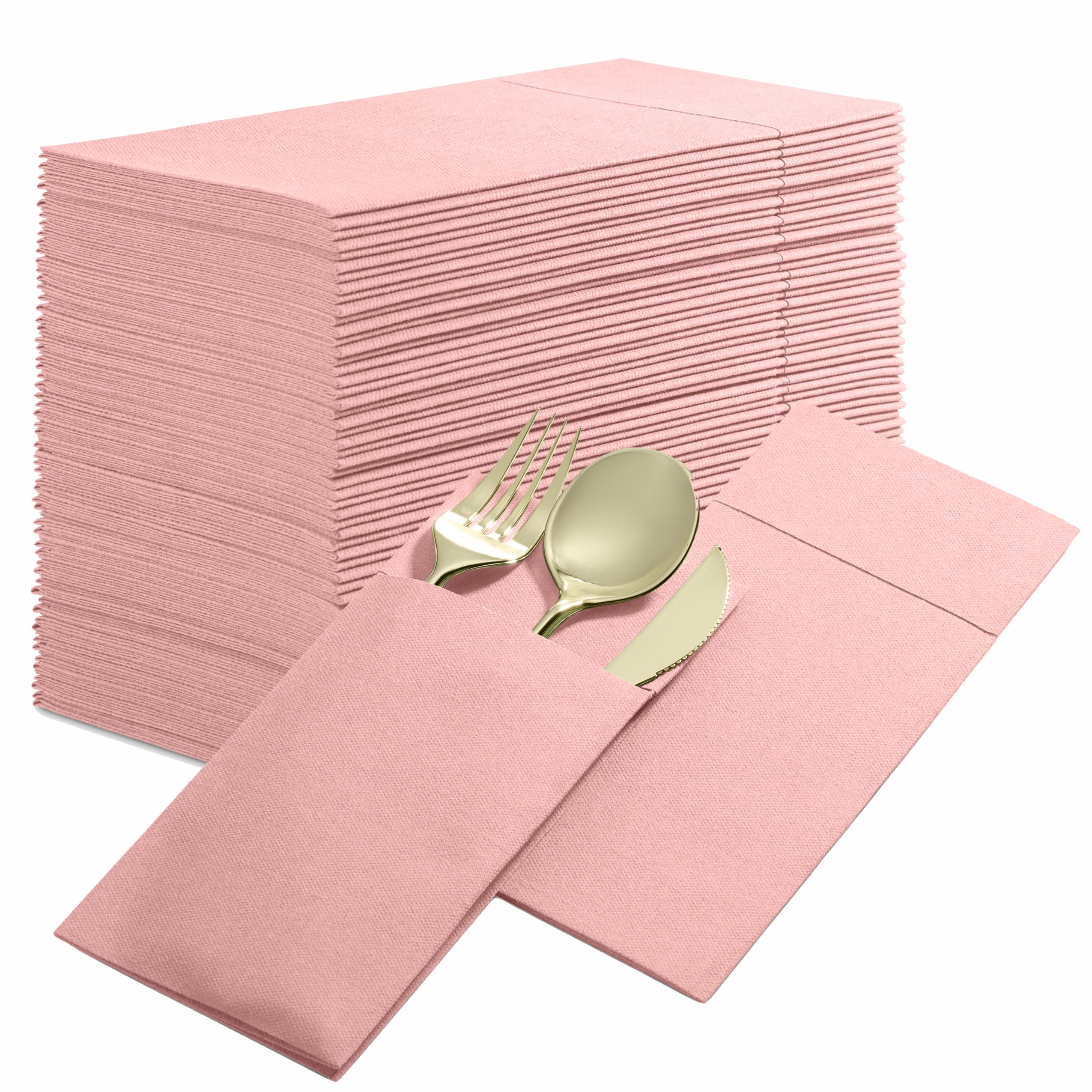 Disposable Linen-Feel Dinner Napkins With Built-In Flatware Pocket, 50-Pack Pink Prefolded Cloth Like Paper Napkins For Dinner,