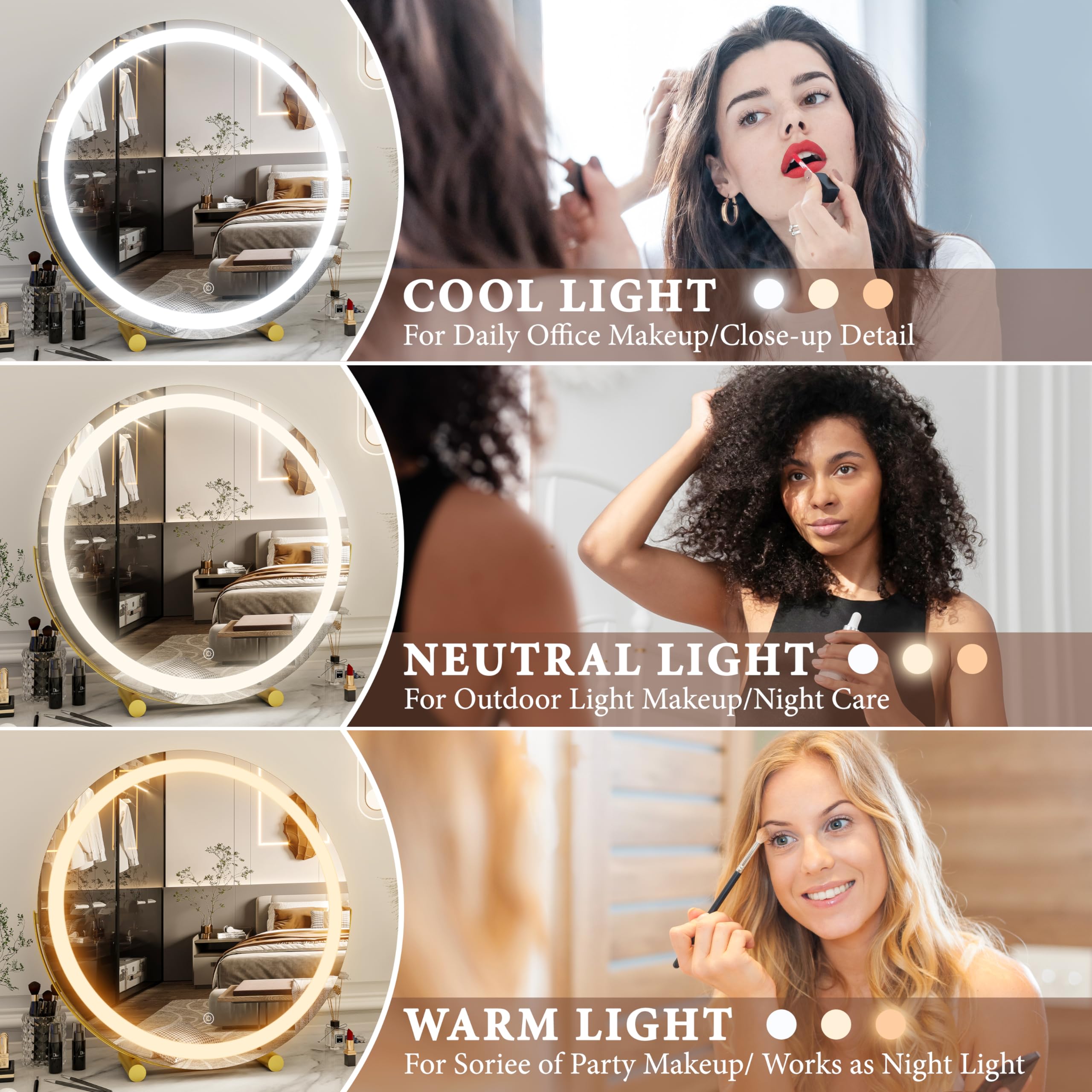 Fennio Vanity Mirror With Lights, 13 Inch Cob Led Lighted Makeup Mirror, Round Makeup Mirror With Lights With 3-Color Lighting,