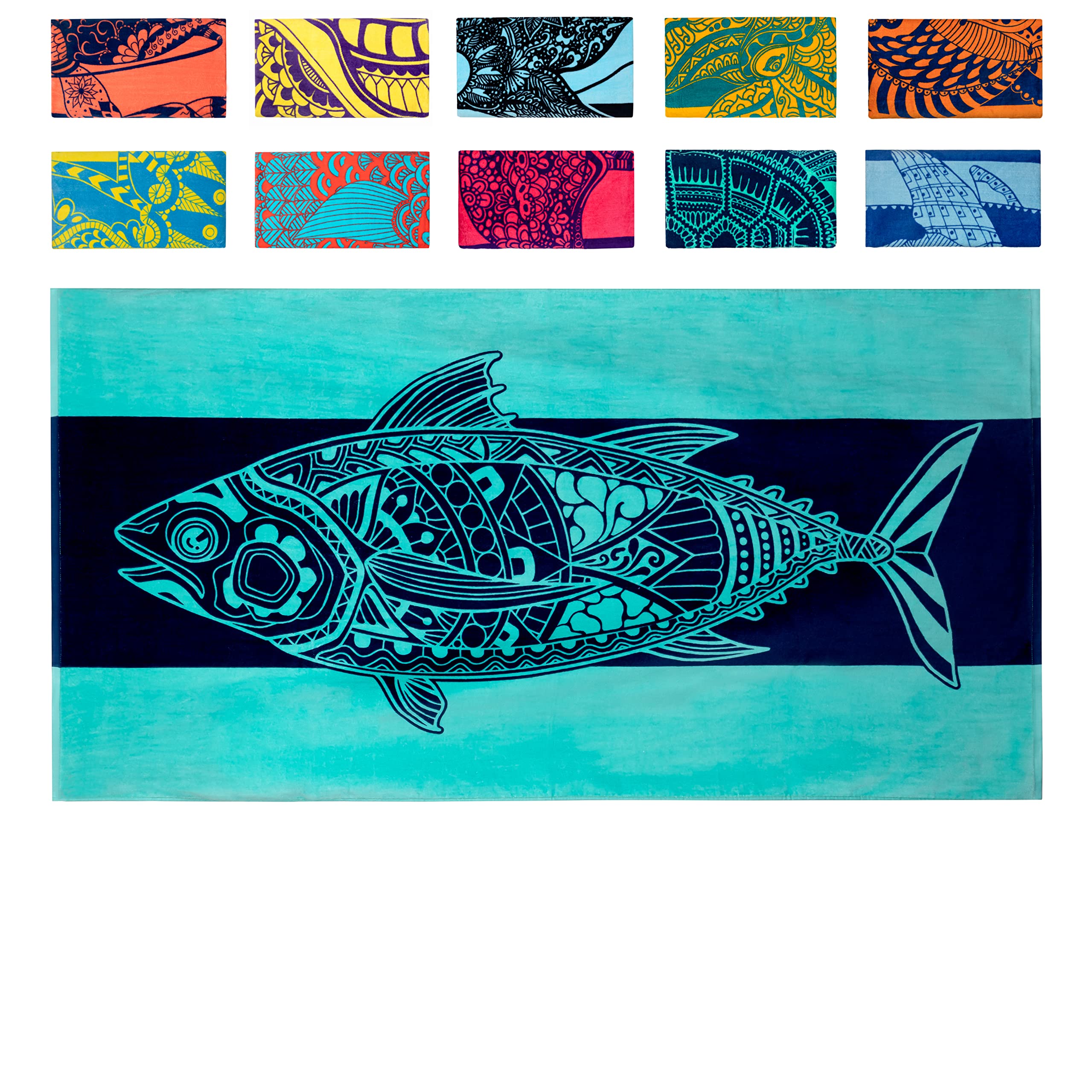 Nova Blue Tuna Fish Beach Towel (34 X 63) - Blue Striped Cotton Beach Towel Made From 100% Cotton - Quick Drying Pool Towel With