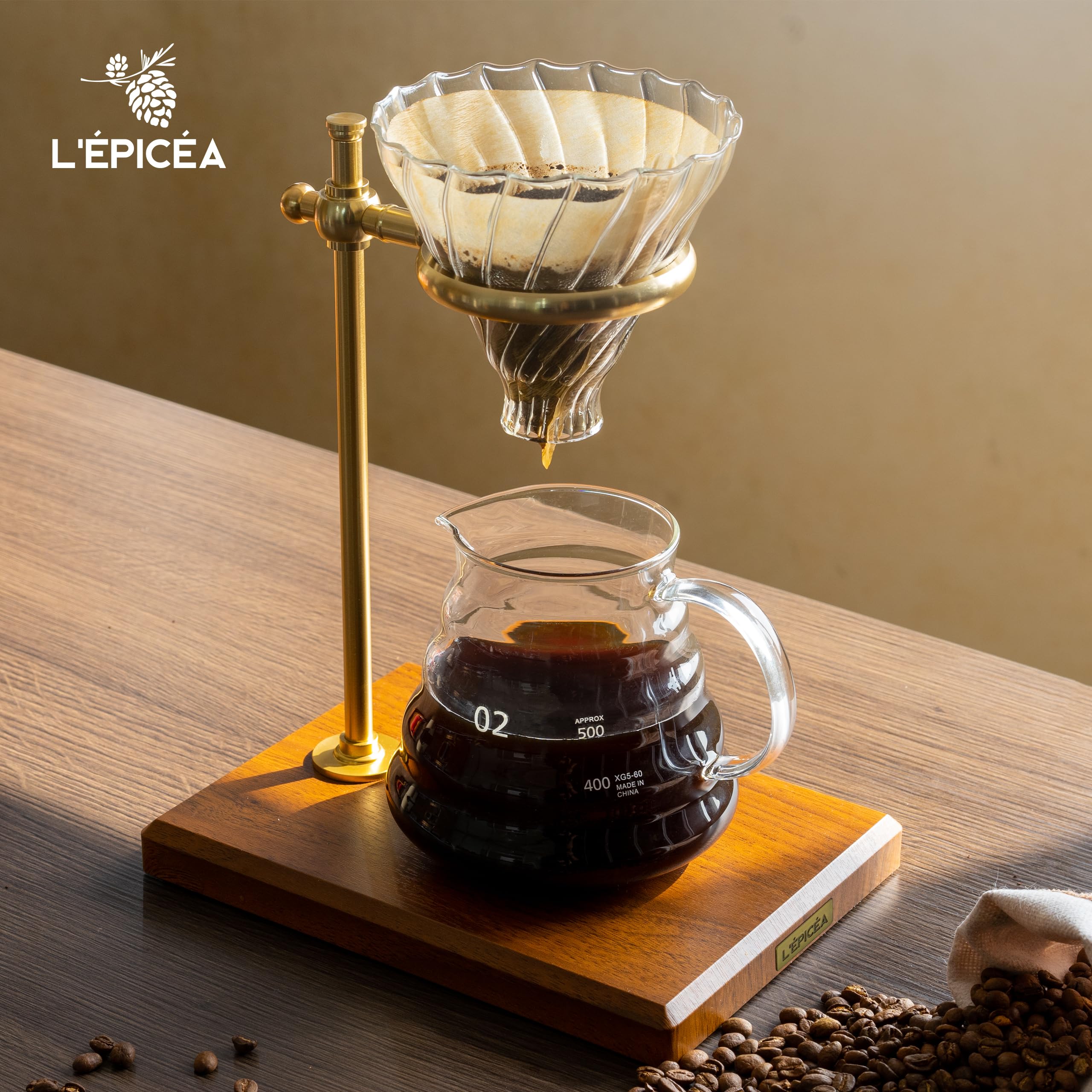 L'ÉPICÉA Pour Over Coffee Maker Set - Borosilicate Glass, Brass Adjustable Stand, Wooden Base, Includes Paper Filters, One Size
