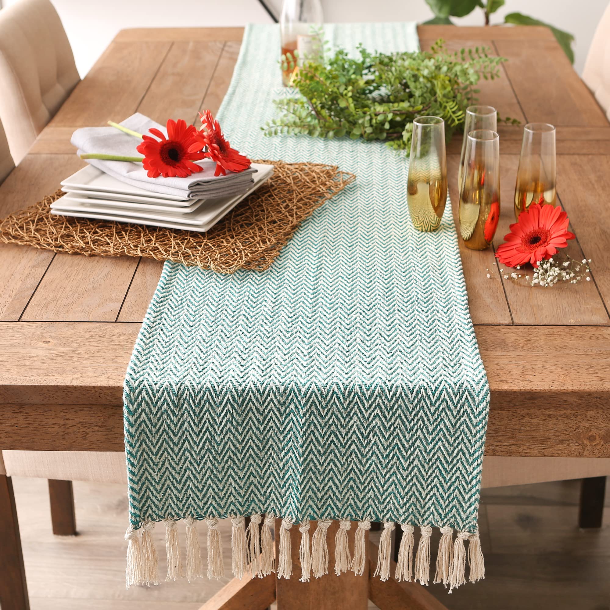 TEAL CHEVRON HANDLOOM TABLE RUNNER 15x72
