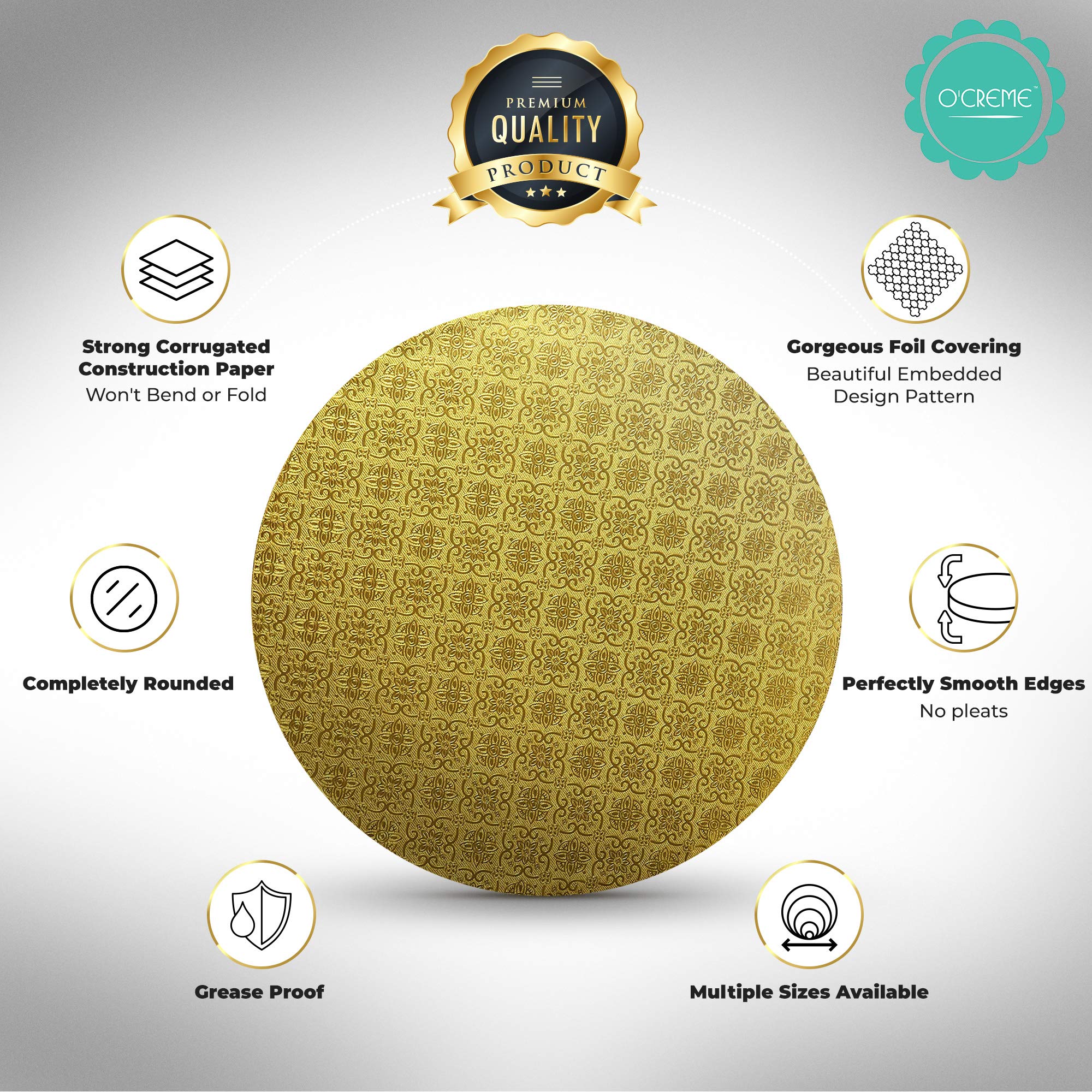 Ocreme Cake Board, Gold Foil Round Cake Circles With Gorgeous Design, Sturdy & Durable 1/2    Thick Cake Drums, Round Cake Board