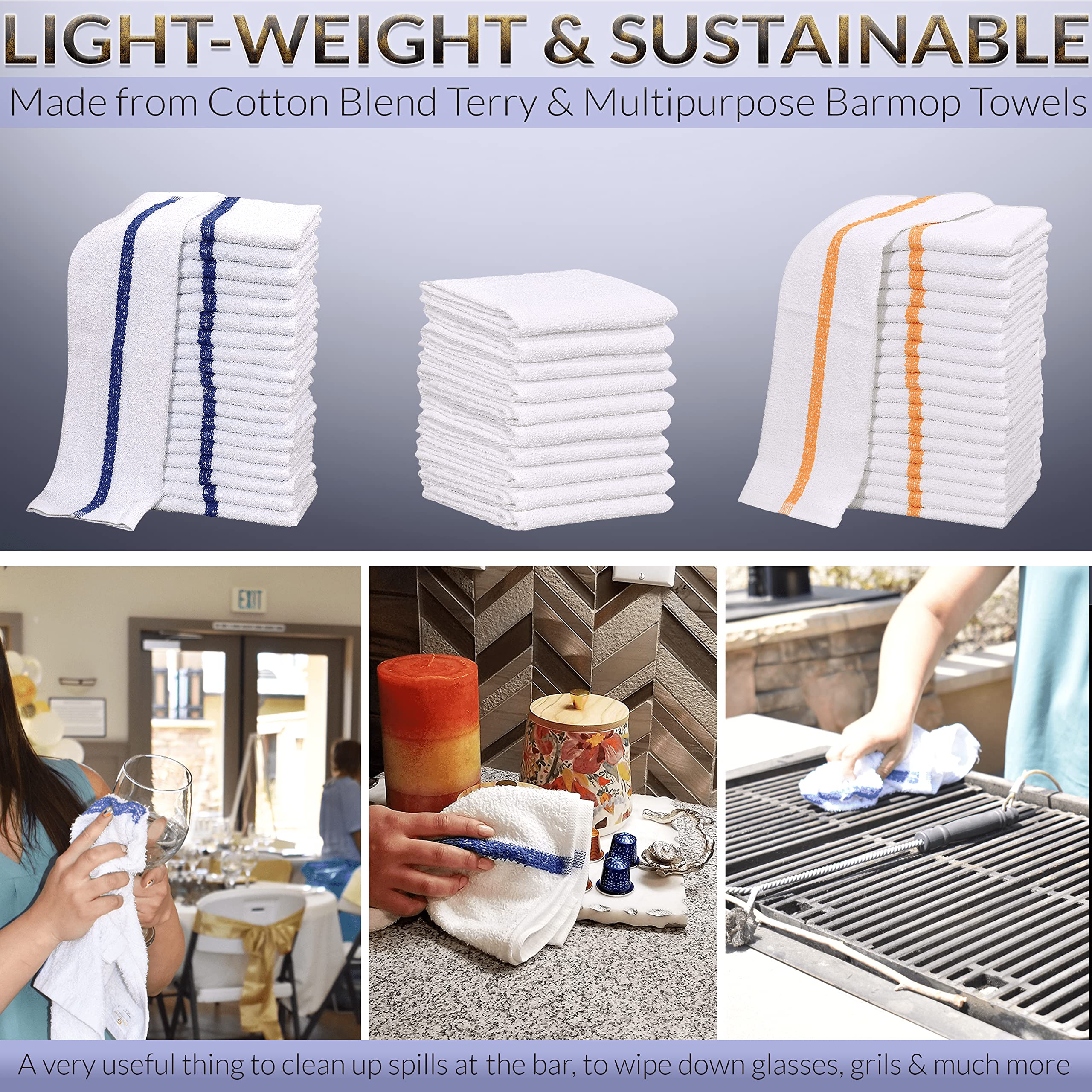 12 Pc New Cotton Blend White Restaurant Bar Mops Kitchen Towels (1 Dozen ) (12, Gold Stripe)