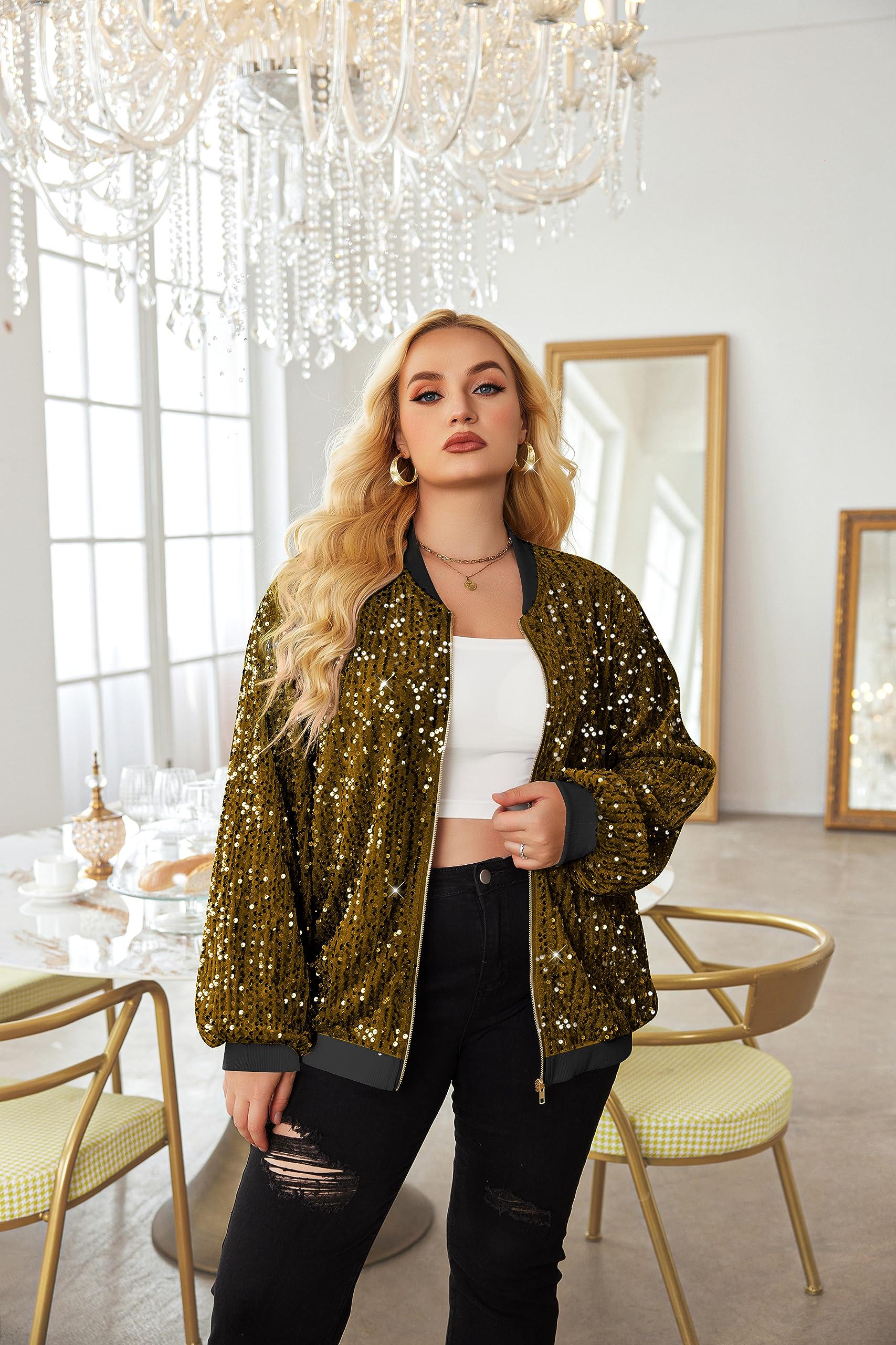 Involand Womens Sequin Jacket Plus Size Sparkle Long Sleeve Jackets Front Zip Loose Casual Blazer Bomber Jacket With Pockets
