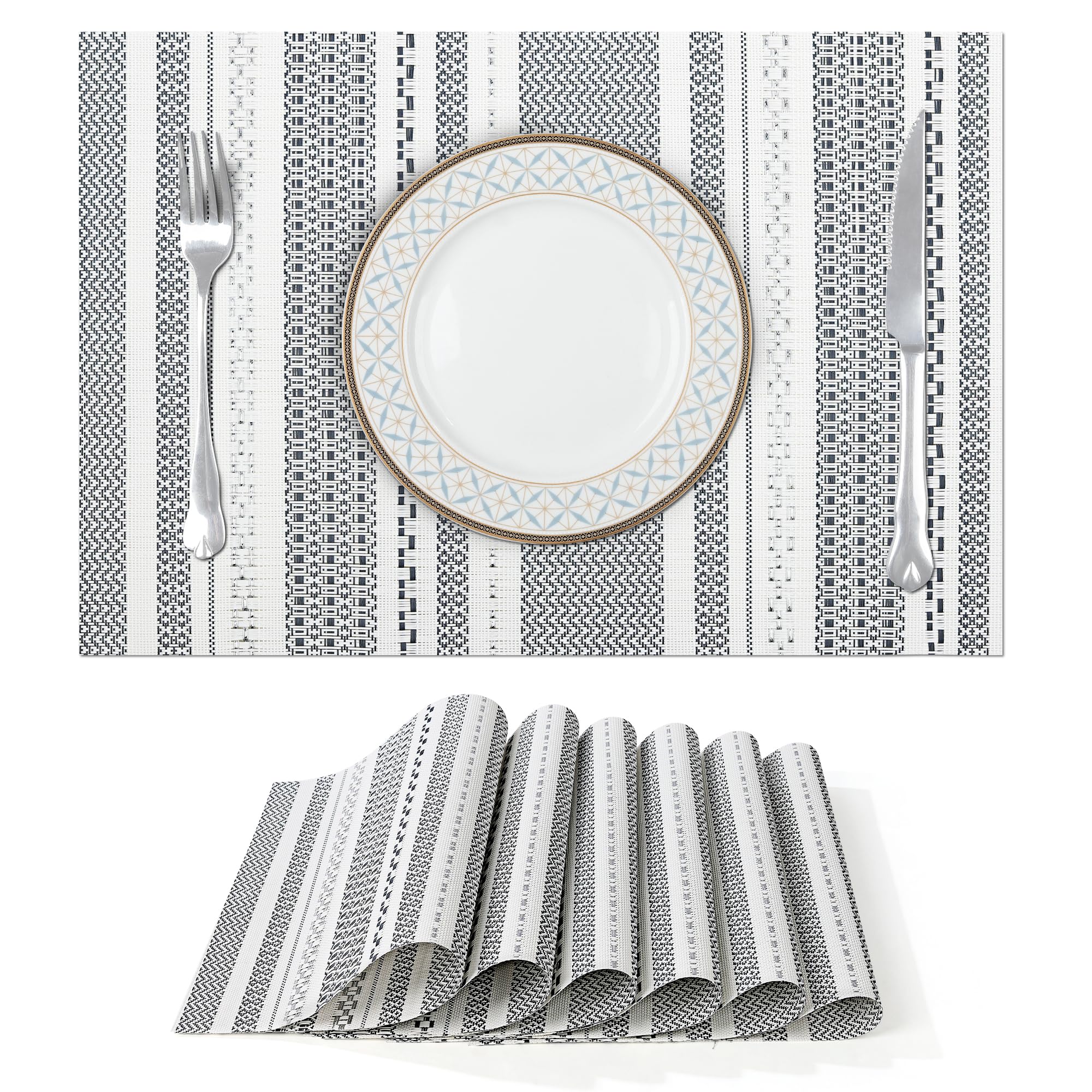 Fanquare Sliver Striped Placemats 6 Pack Nordic Style Washable Place Mats Vinyl Woven Heat-Resistant Kitchen Table Mats Indoor &