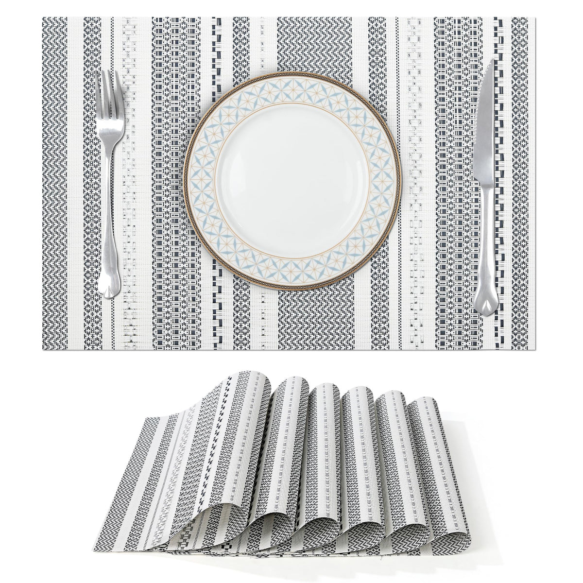 Fanquare Sliver Striped Placemats 6 Pack Nordic Style Washable Place Mats Vinyl Woven Heat-Resistant Kitchen Table Mats Indoor &