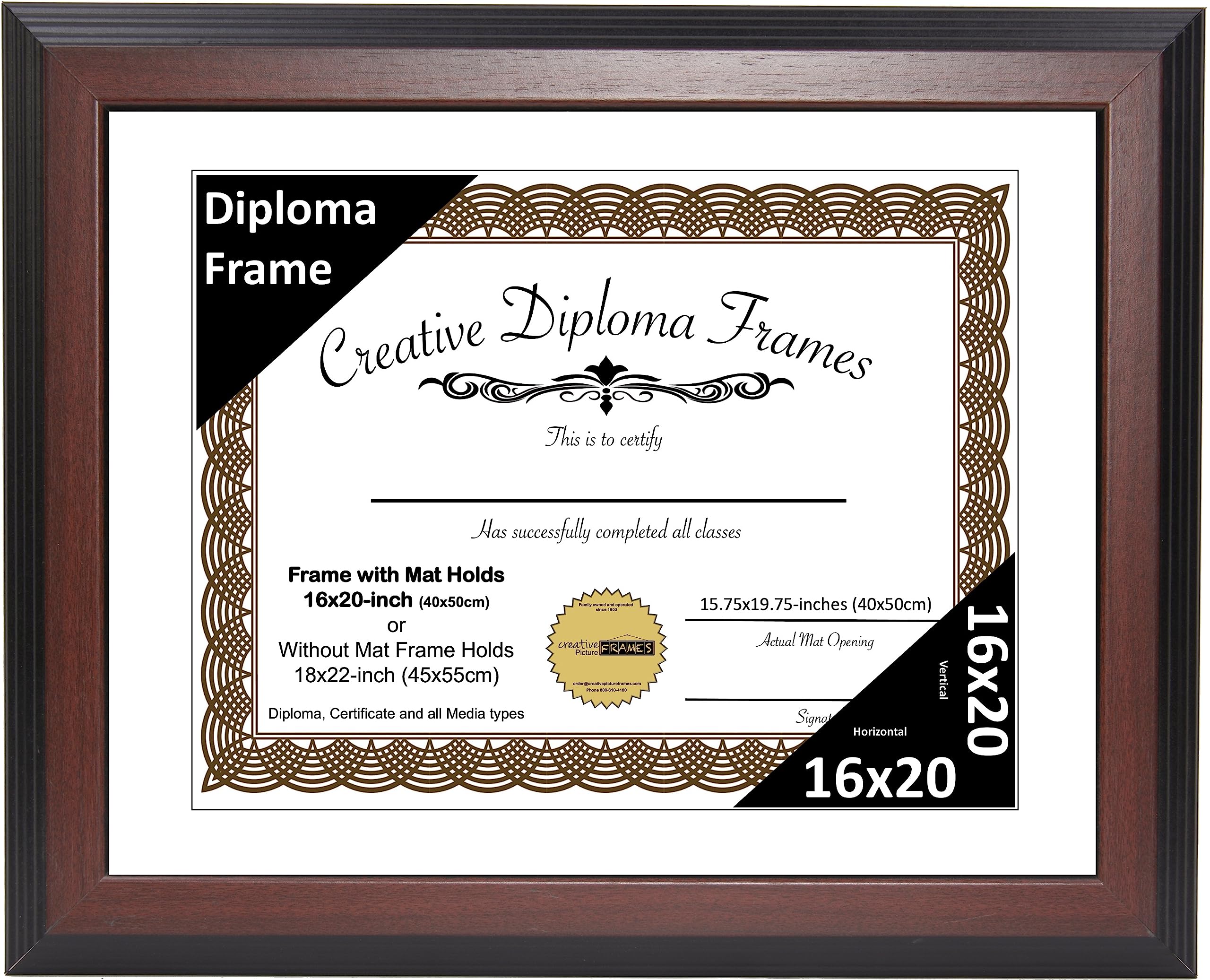 Creative Picture Frames 16x20 Mahogany Finish Diploma Frame with White Matting Holds 16 by 20-inch Documents with Glass and inst