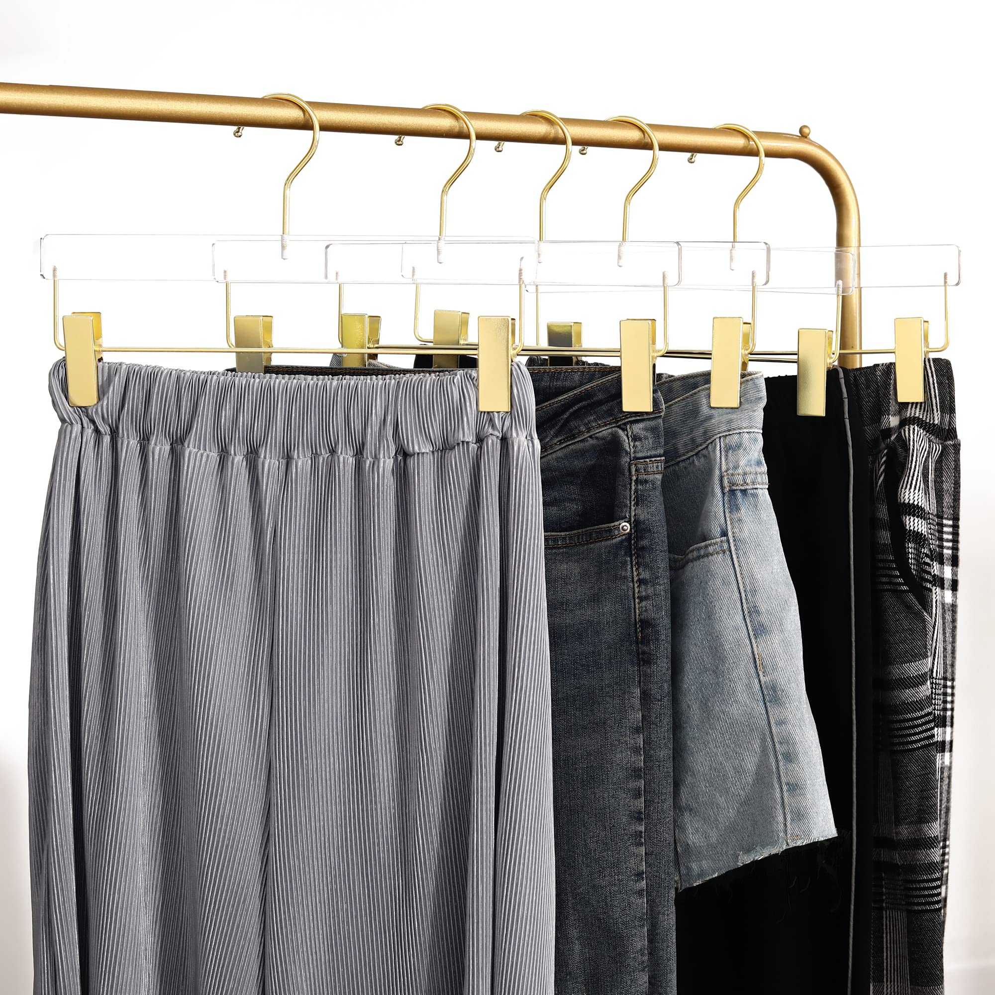 Besser 10 Pack Gold Acrylic Hangers,Clear Hangers With Gold Hooks,Luxurious Skirt Pants Hangers Gold Clips For Clothing Closet S