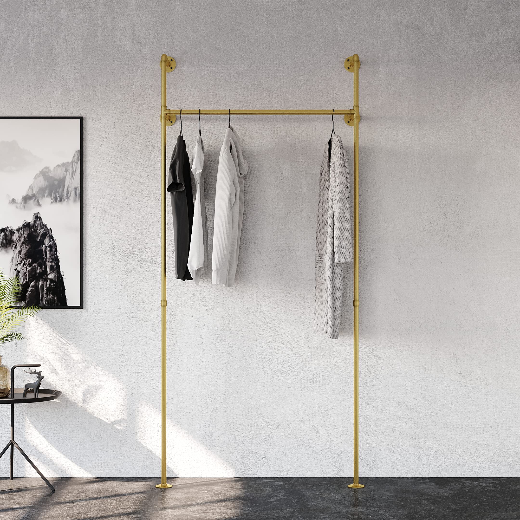 Pamo Industrial Pipe Clothing Rack Metal Gold - Wall Mounted Clothes Racks For Hanging Clothes - Modern Walk In Closet - Kim I G
