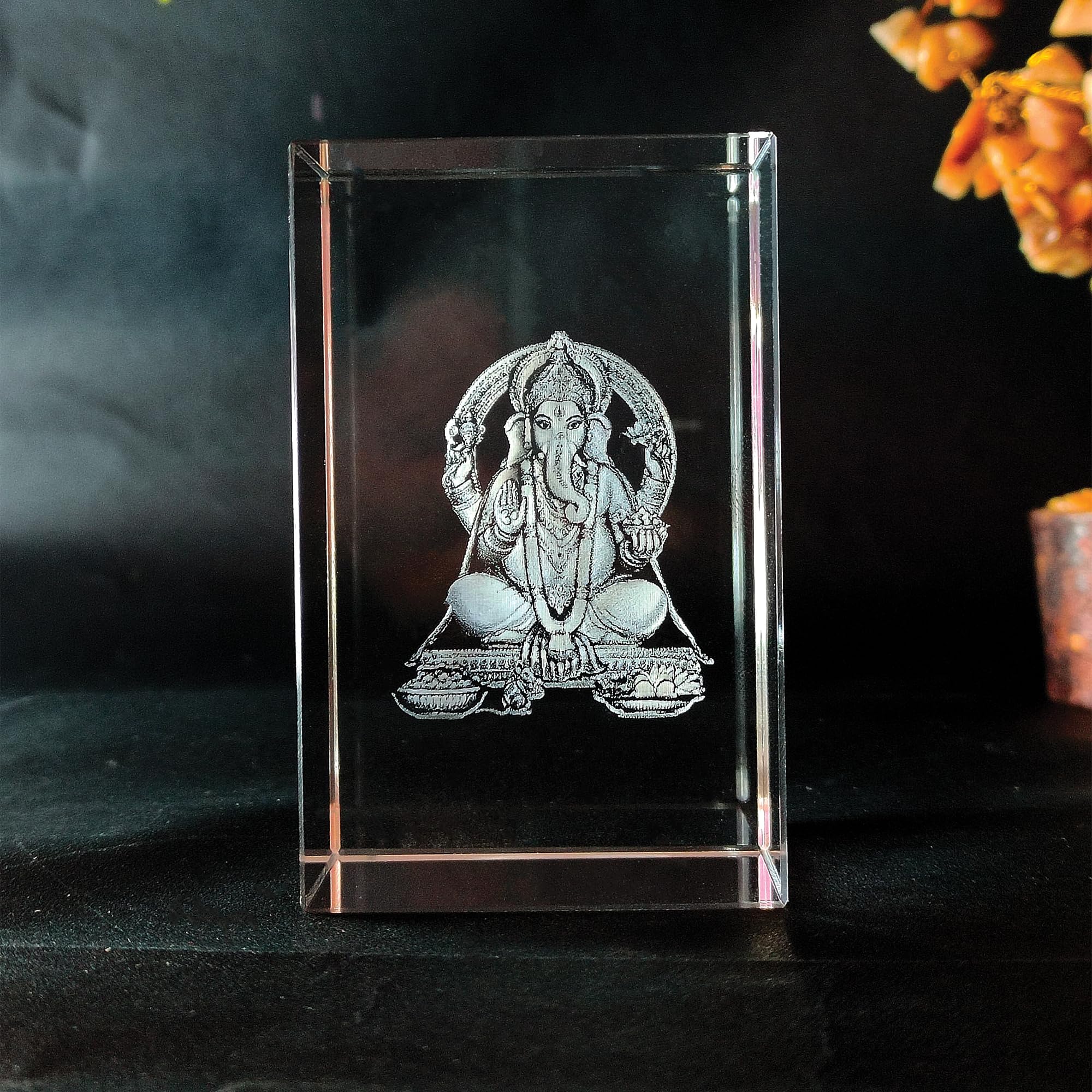 Grob Ganesh Idol 3D Crystal Cube With Led Light Base |Diwali Gift,Home Decoration, Showpiece For Home(Transparent_50 X 50 X 80 M