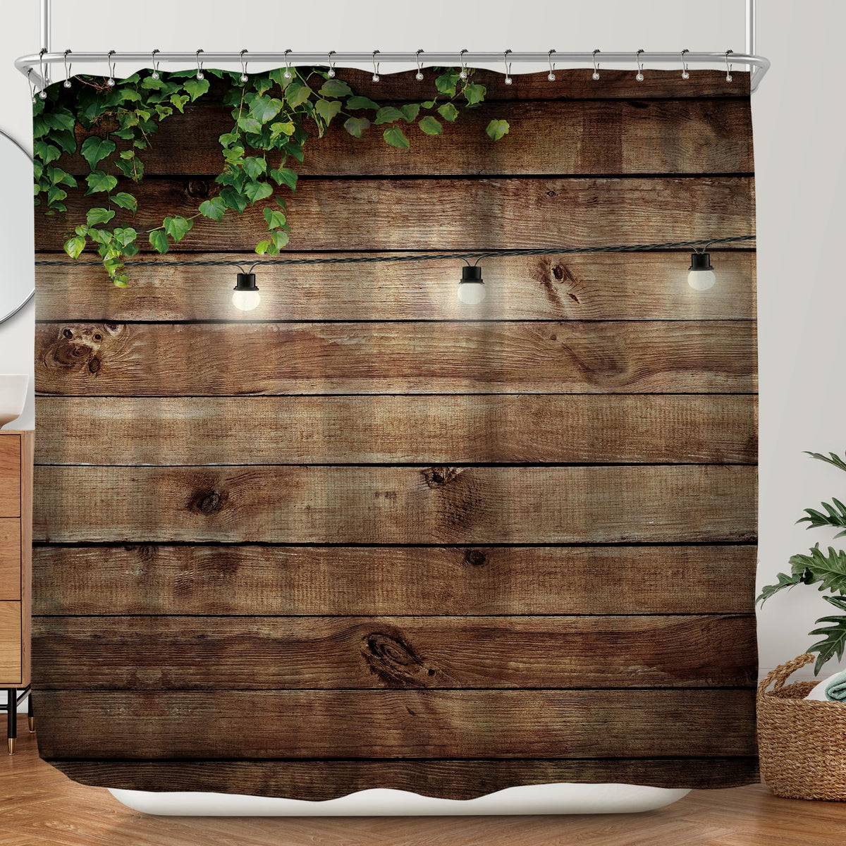 Riyidecor Extra Wide Wooden Clawfoot Tub Fabric Shower Curtain 108Wx72H Inch Rustic Wood Green Leaves 18 Pack Metal Hooks Wester
