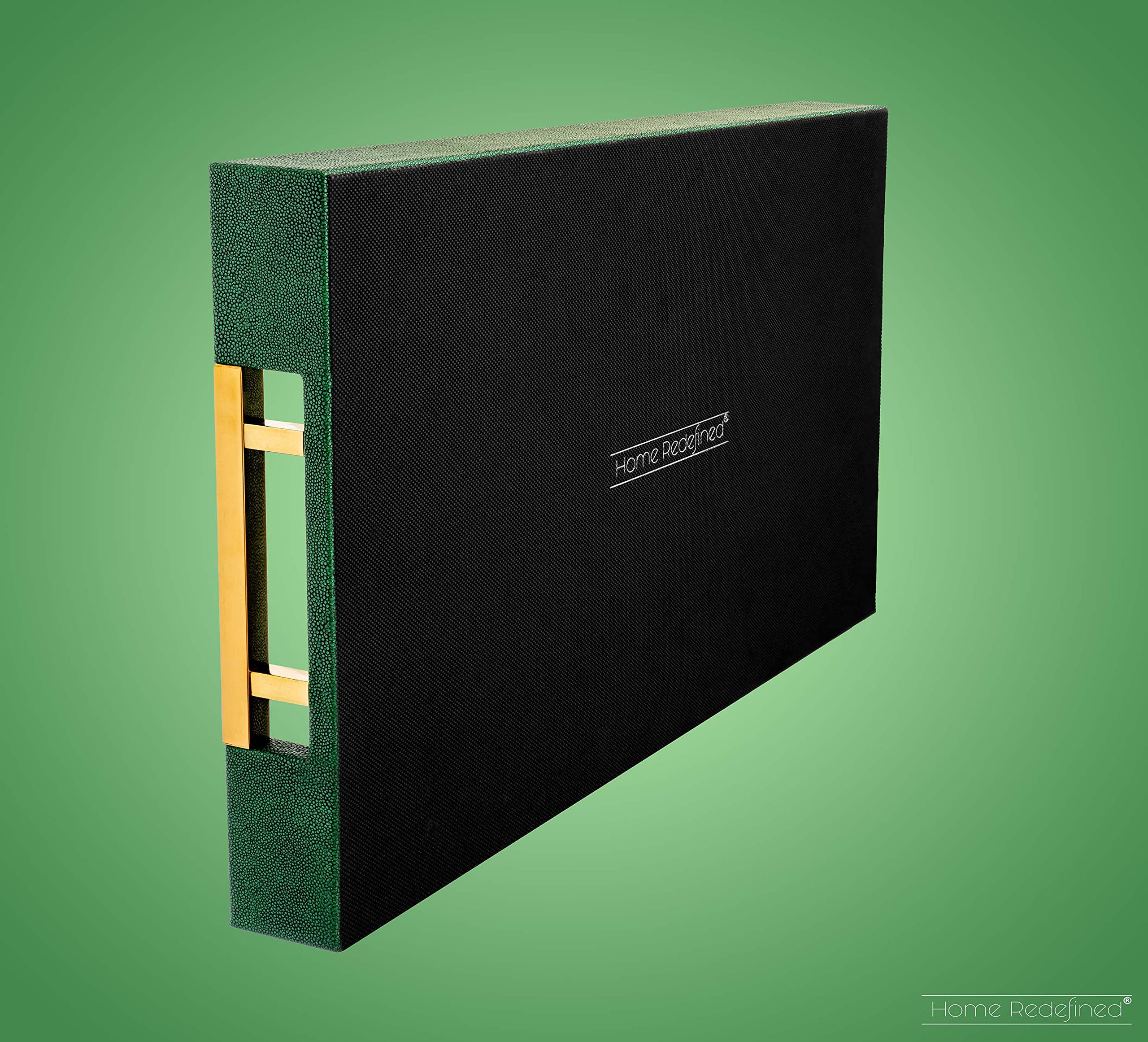 Modern Elegant 18''x12'' Rectangle Emerald Green Shagreen Decorative Ottoman Coffee Table Perfume Living Room Kitchen Serving Tray with Gold Polished Metal Handles by Home Redefined for All Occasion's