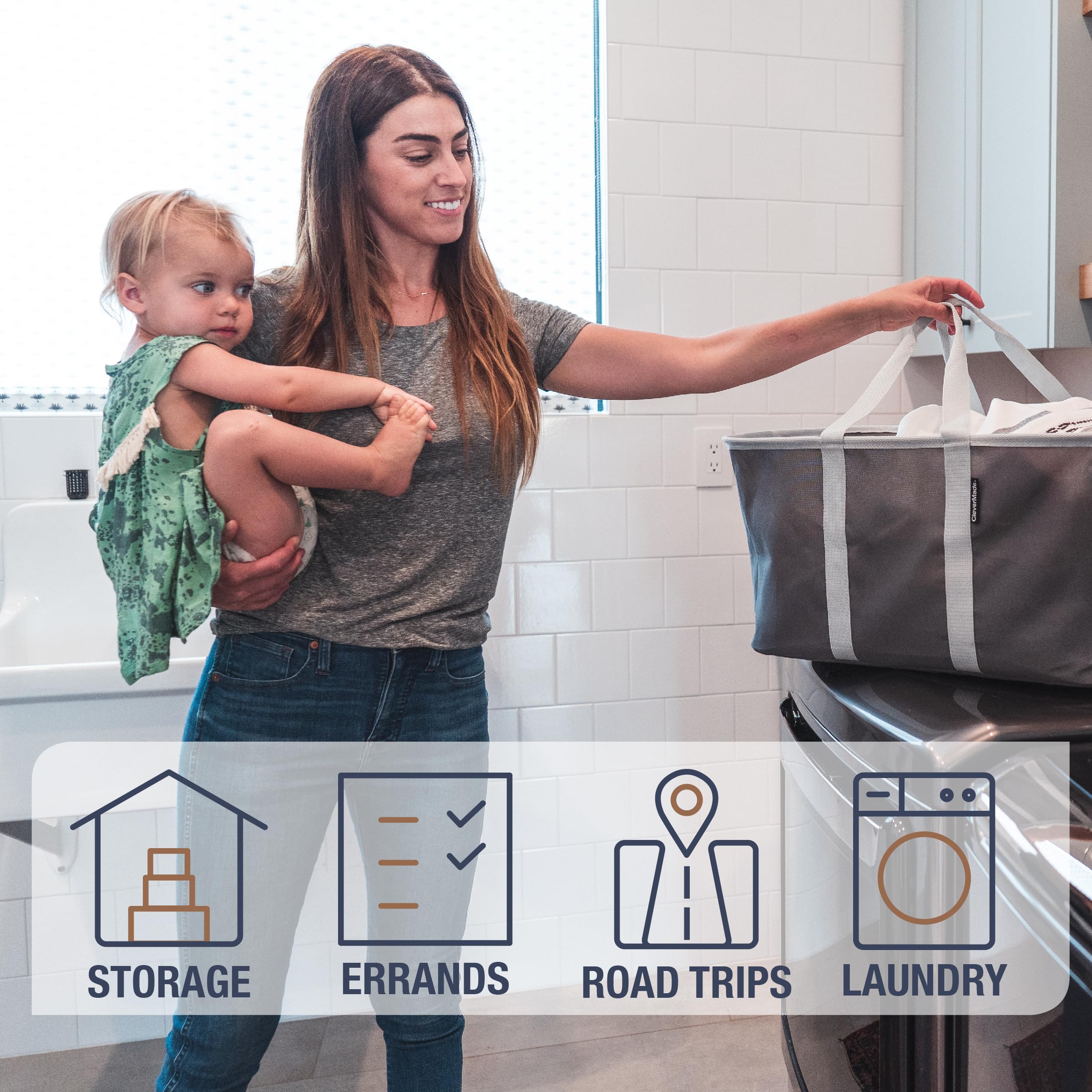 CleverMade Collapsible Fabric Laundry Baskets - Foldable Pop-Up Storage Container Organizer Bags - Large Rectangular Space Saving Clothes Hamper Tote with Carry Handles  Pack of 2  Charcoal
